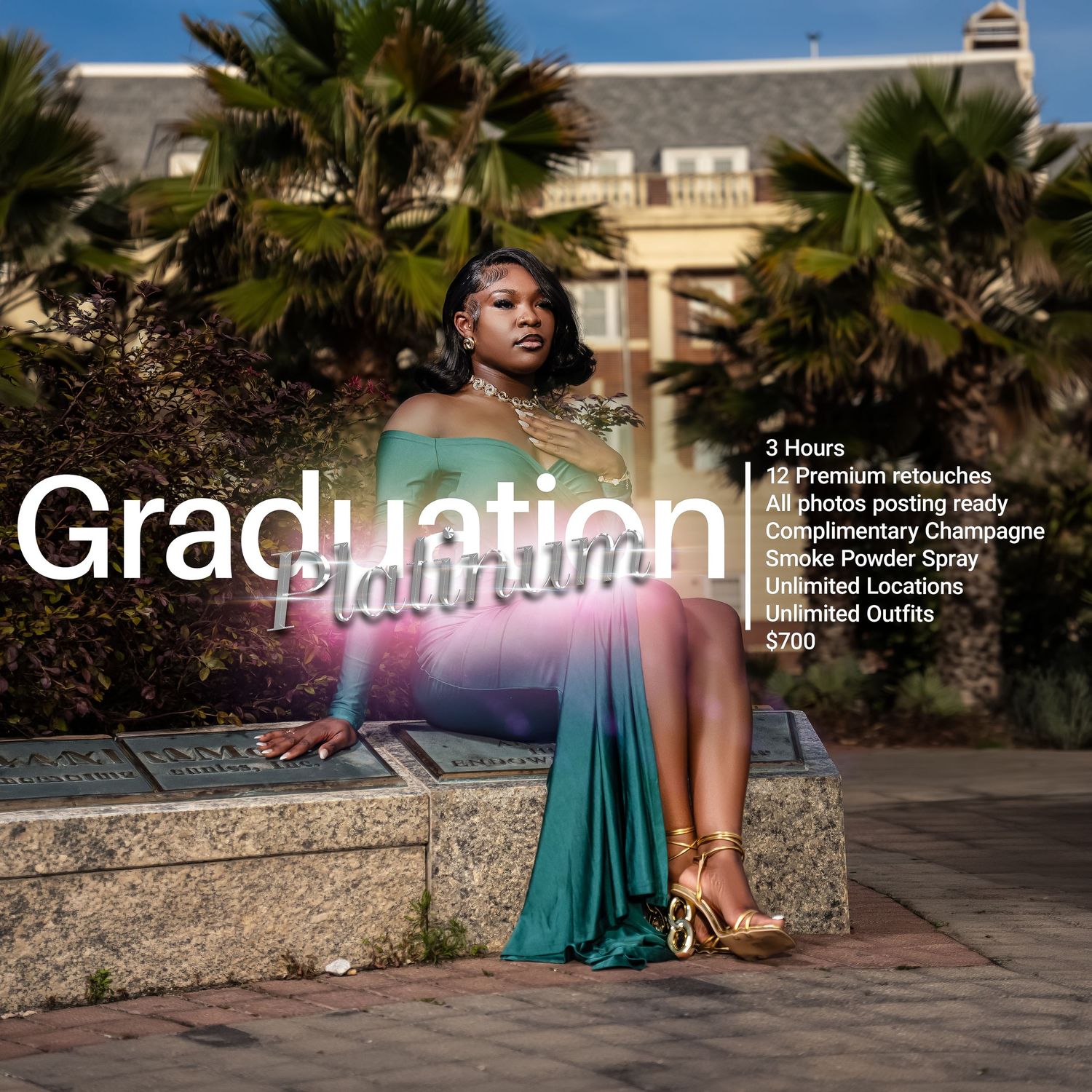 A person in a flowing teal evening gown poses outdoors near palm trees and architectural elements at sunset.