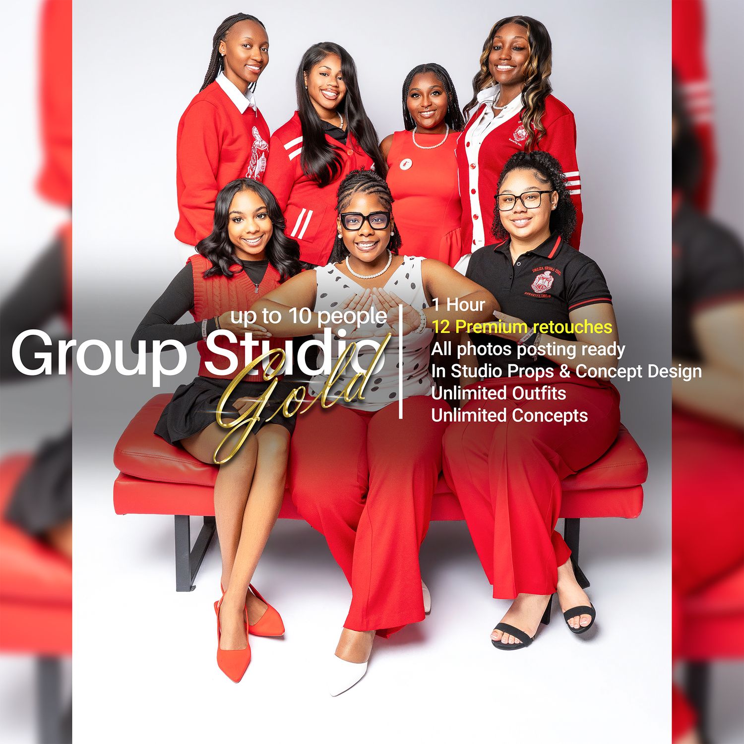 Six women in red and white outfits pose together for a Group Studio Gold professional photo session advertisement.
