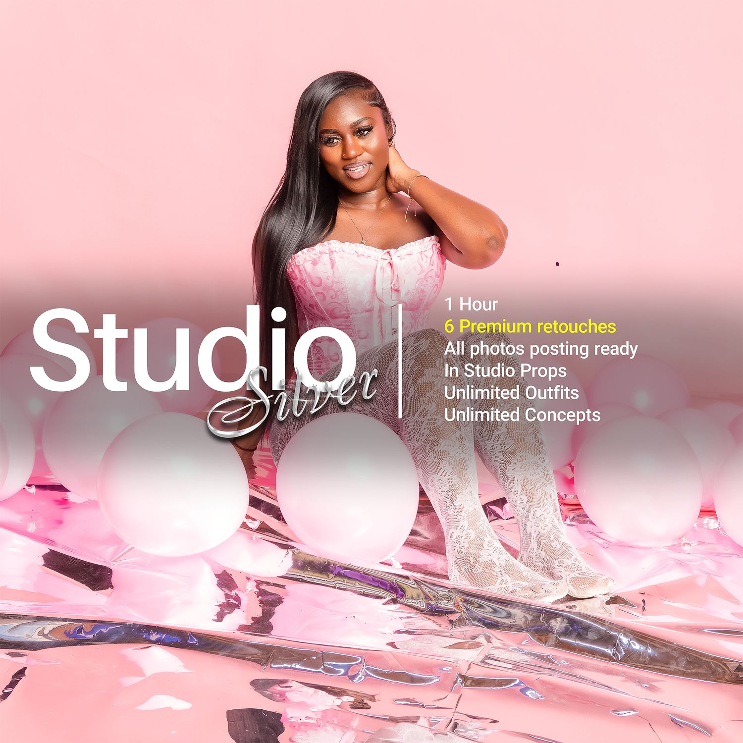 Studio Silver photography package ad featuring a woman in a pink outfit with 1-hour session, unlimited outfits, and 6 premium retouches.