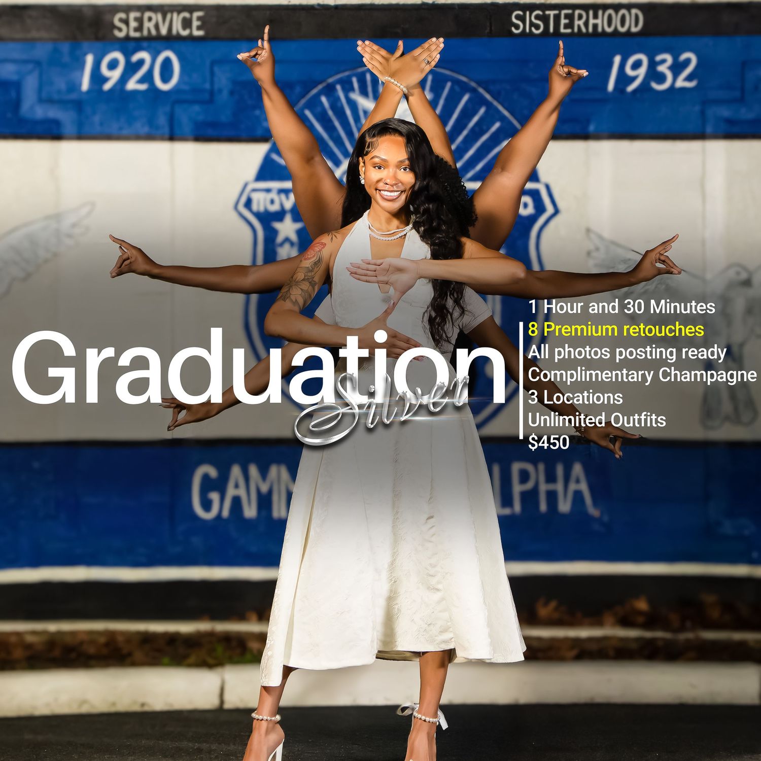 Group of people in formal attire celebrating graduation with raised arms and joyful expressions at outdoor ceremony.