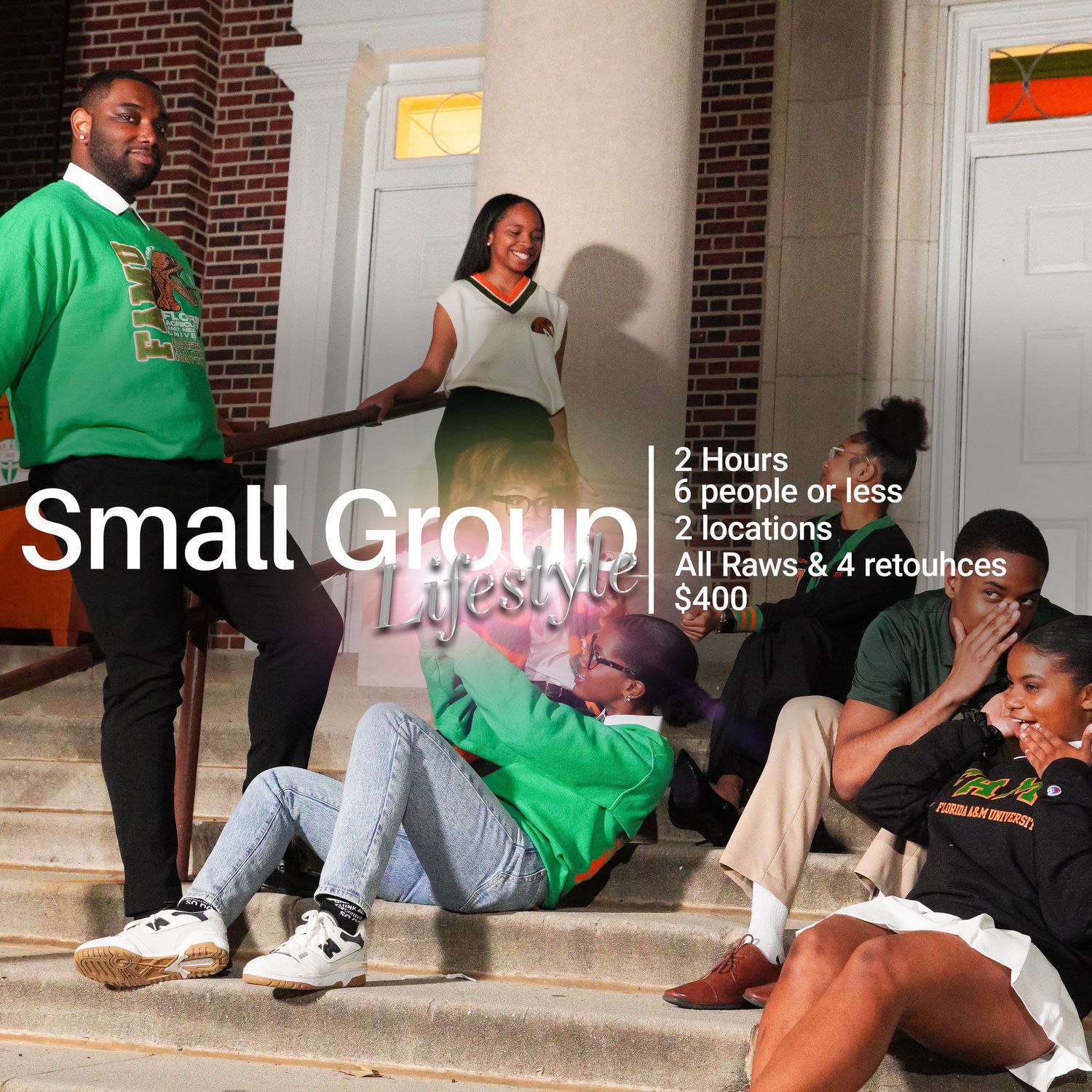 Students in green lounging on brick steps during casual outdoor gathering.