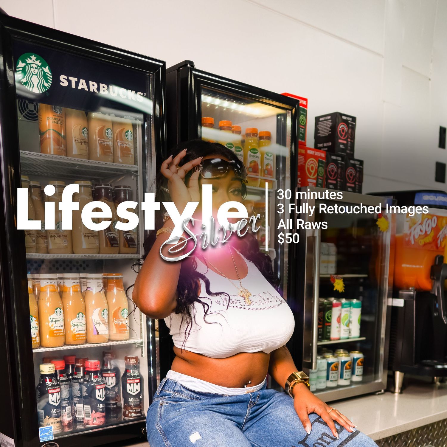 Casual lifestyle portrait against Starbucks drink coolers with 'Lifestyle' text overlay.