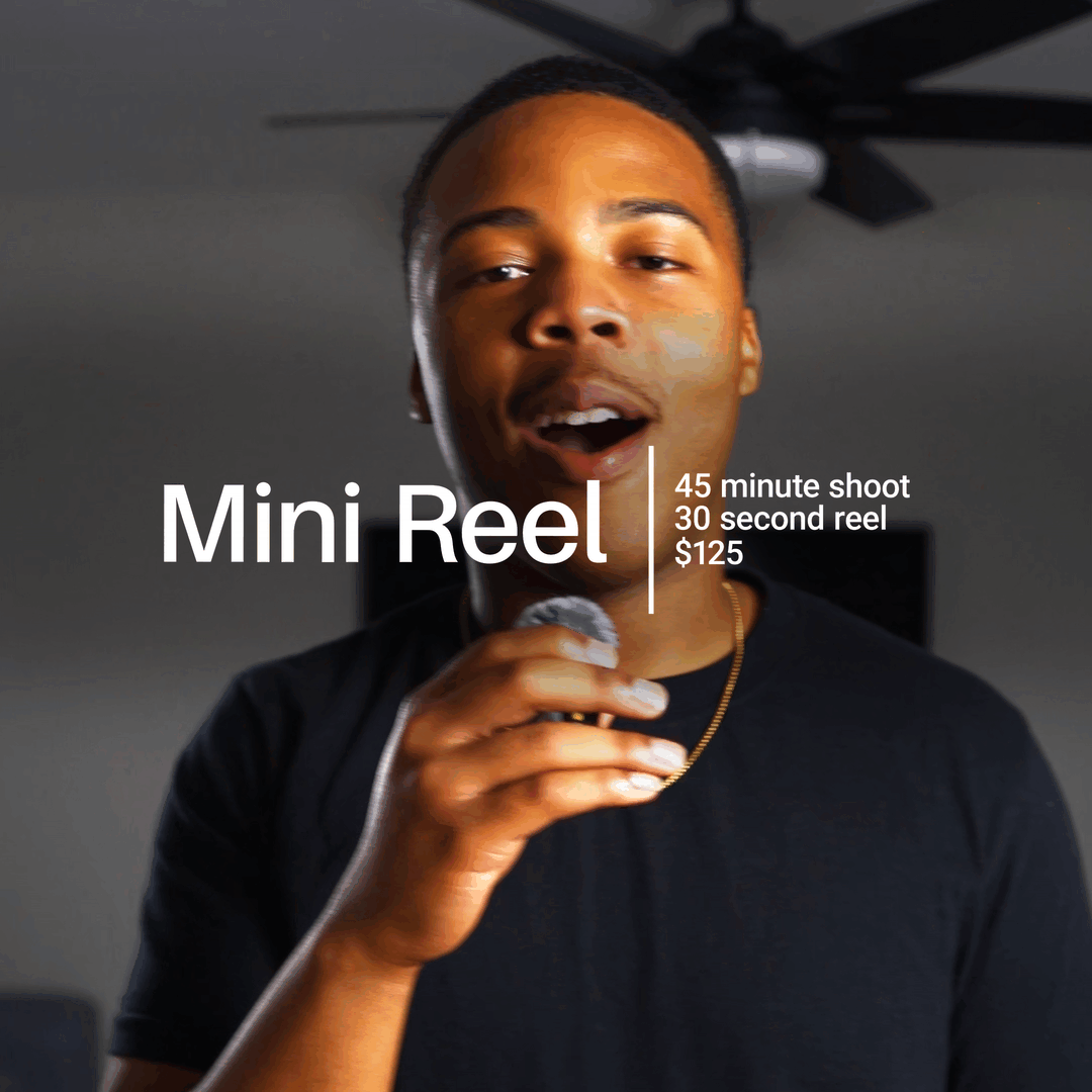 Promotional advertisement for mini reel videography services showing 45 minute shoot and 30 second reel pricing.