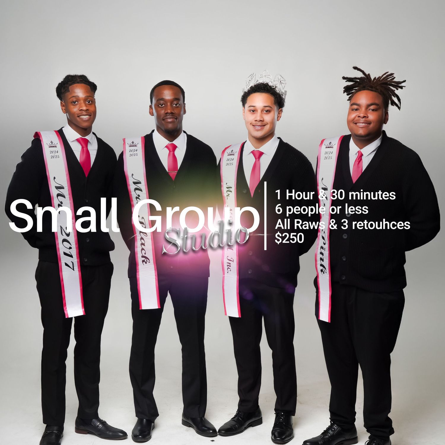 Group of graduates in formal attire with coordinated pink stoles pose together.
