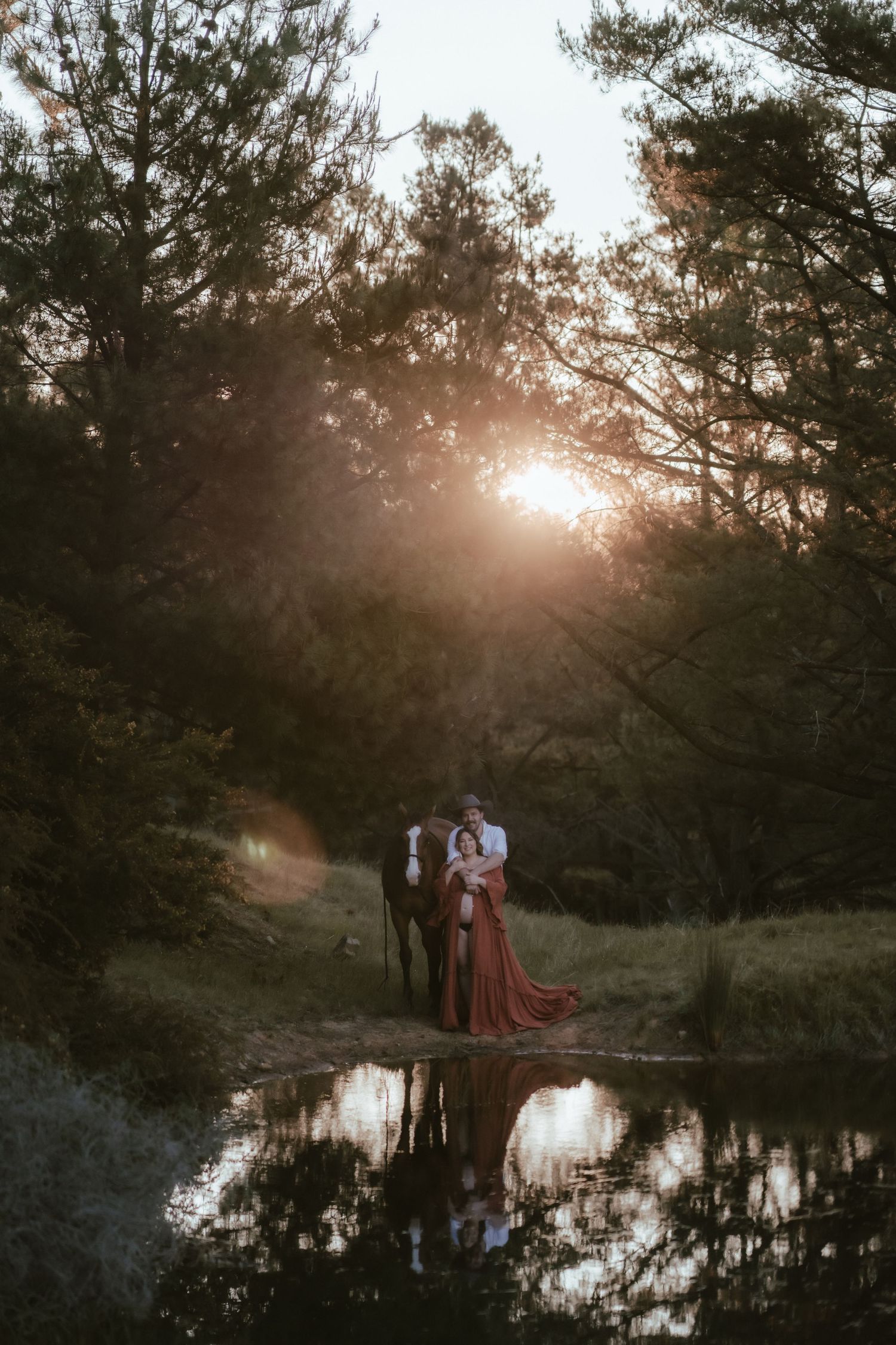 A romantic sunset scene by a reflective pond with pine trees silhouetted against the warm golden light.