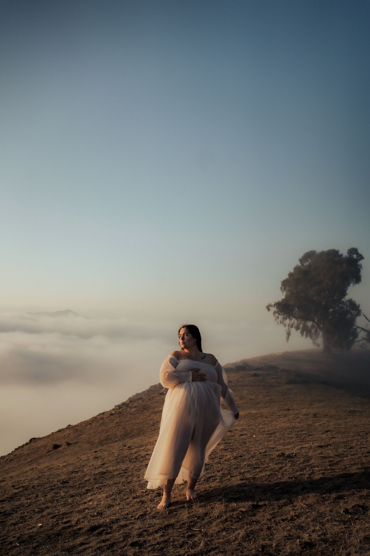 A figure in a flowing white dress stands on a misty hilltop at dusk with a lone tree silhouetted against the sky.