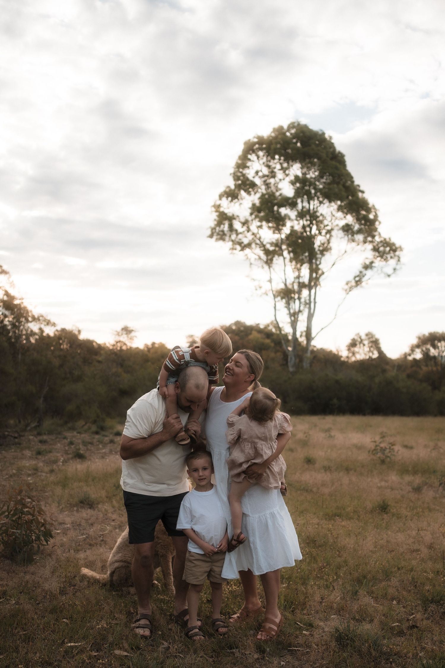 A family shares tender moments together in a rustic outdoor field setting at sunset.