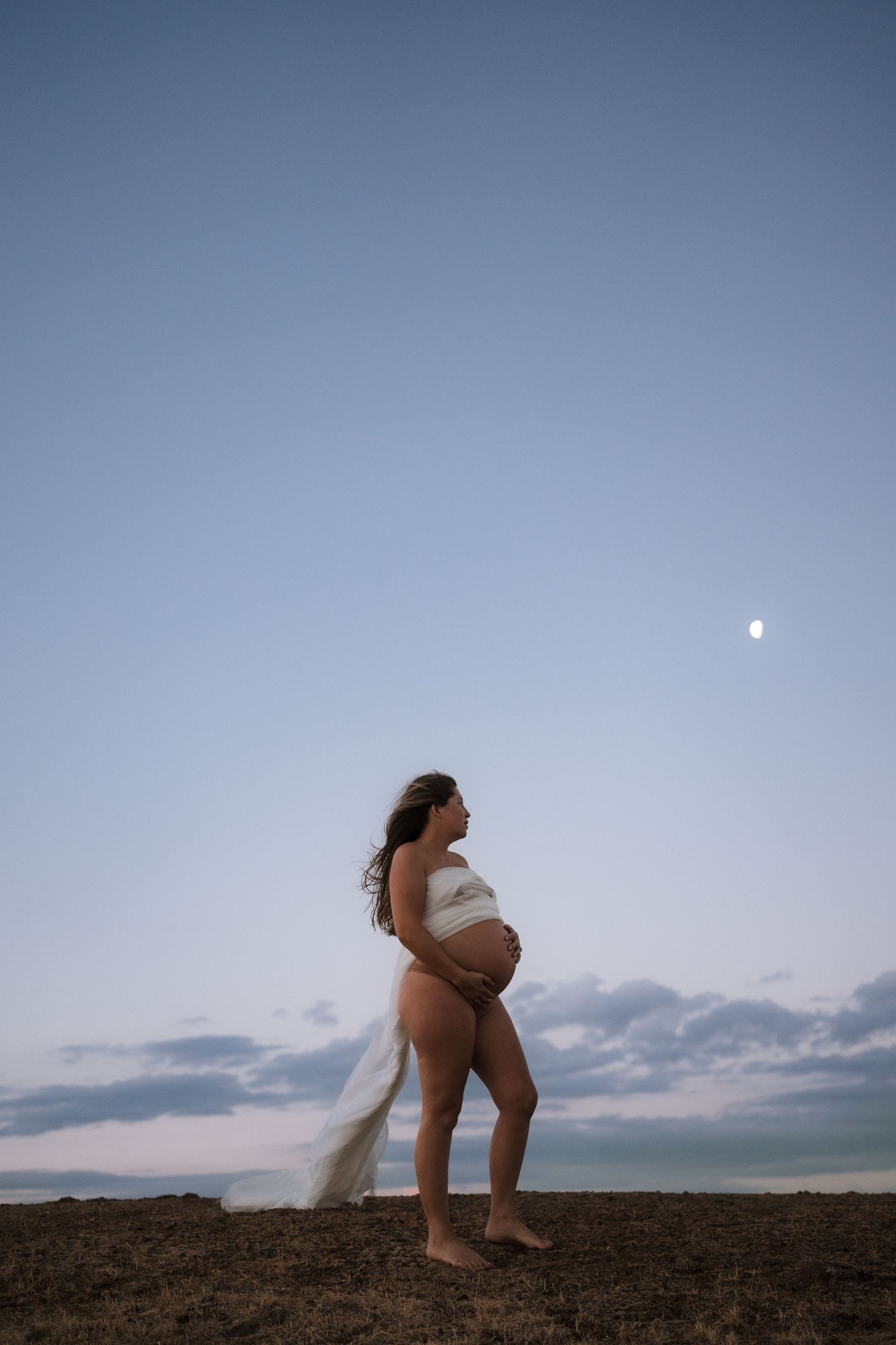 A silhouetted pregnant figure stands on a hilltop against a dusky sky with a visible moon in the background.