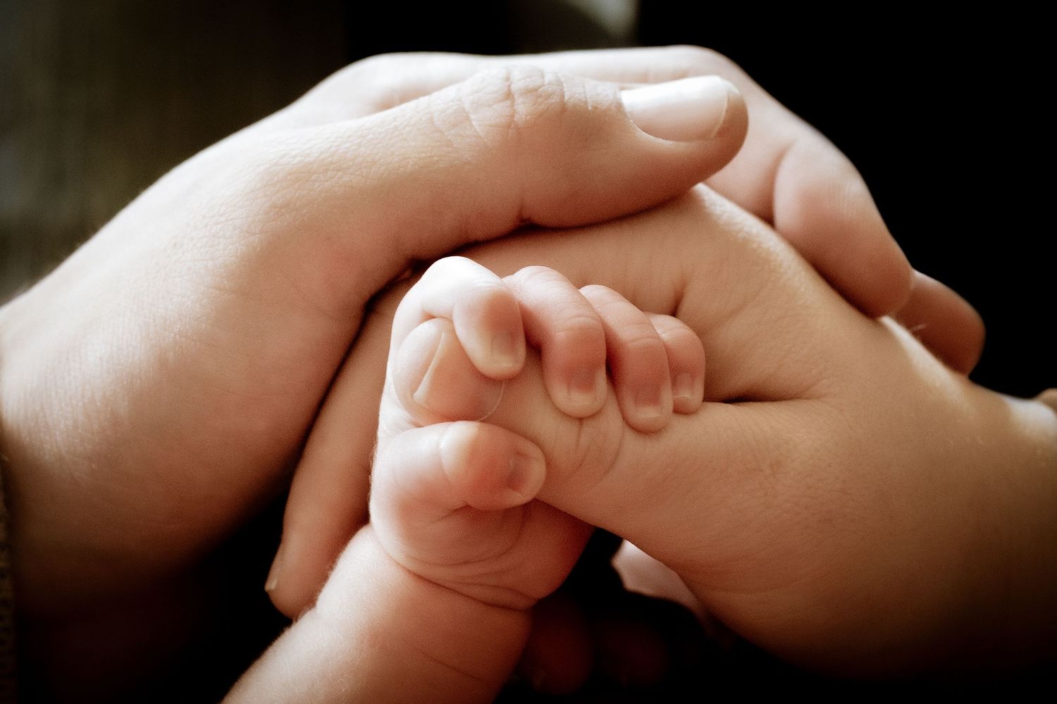 Two adult hands gently holding a newborn baby's tiny hand in a tender close-up.