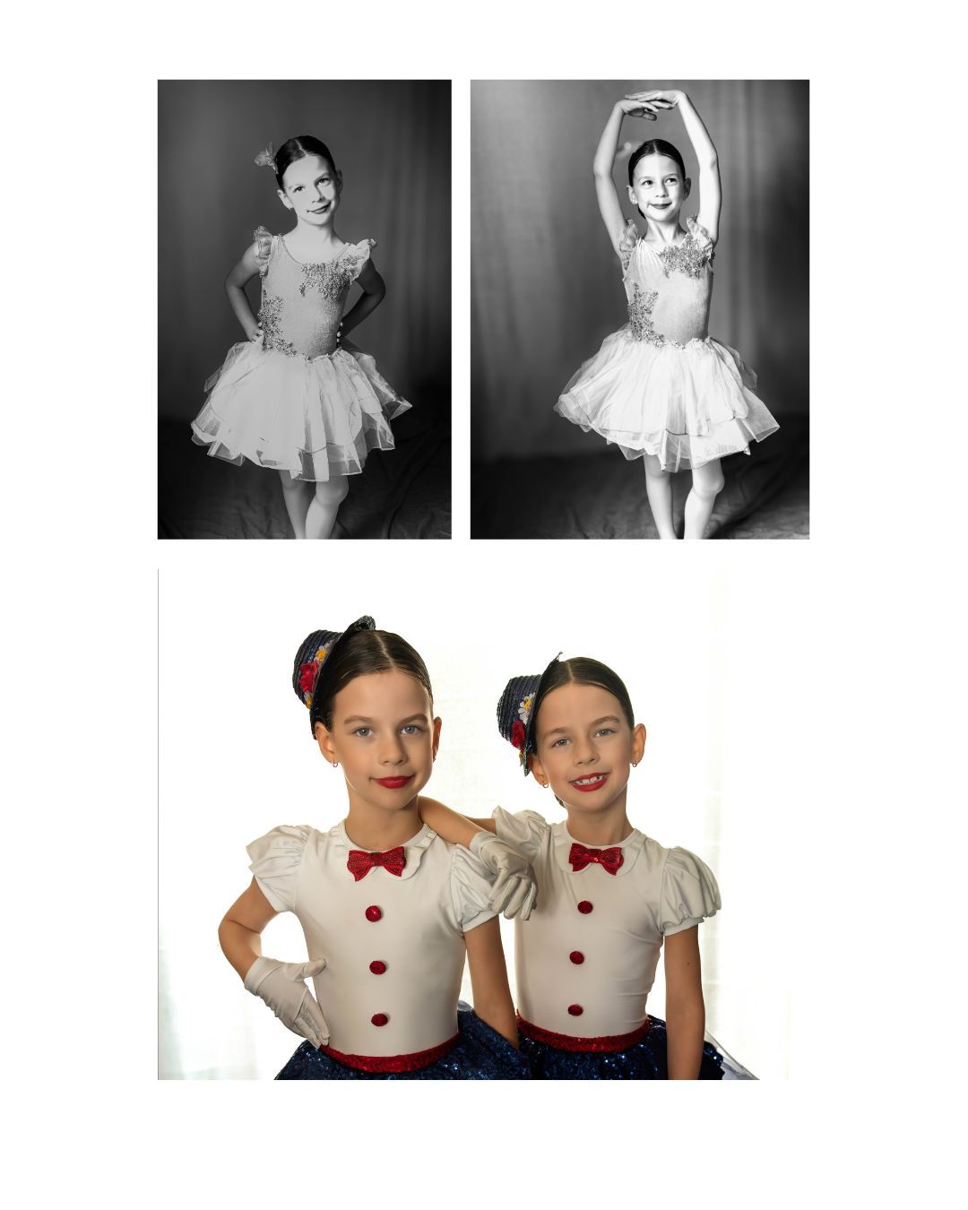 Two young dancers in matching white tutus and red bowties perform ballet poses in black and white photographs.