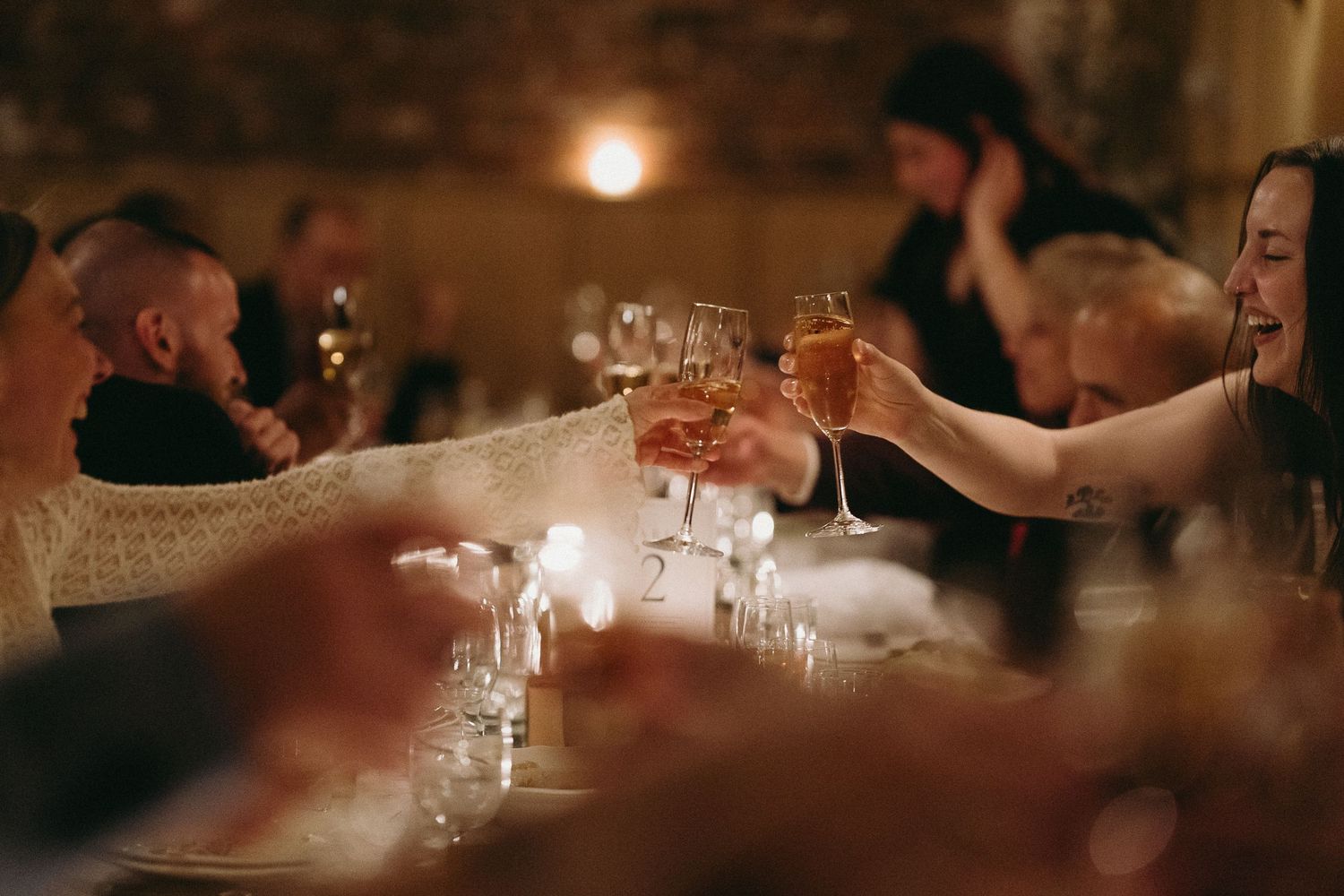 Hands clink wine glasses together in a celebratory toast at a dimly lit dinner gathering.