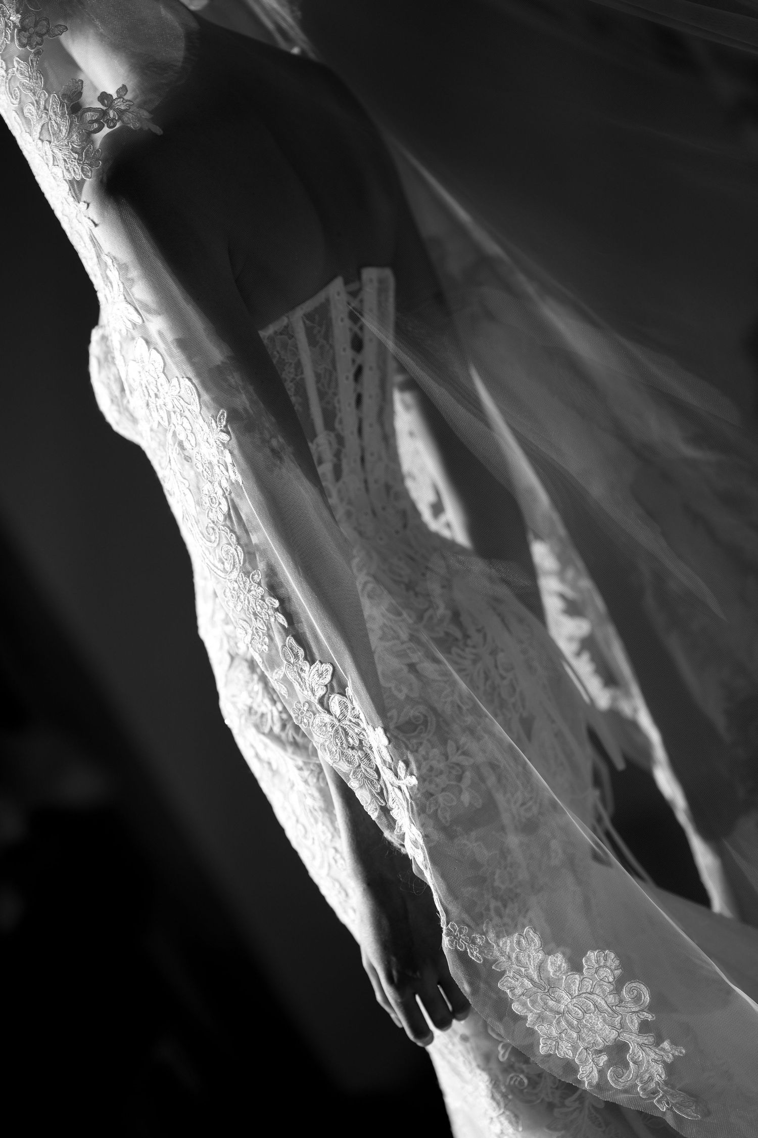 Black and white photo of a bride in a lace wedding gown with flowing veil, elegant silhouette in soft light.