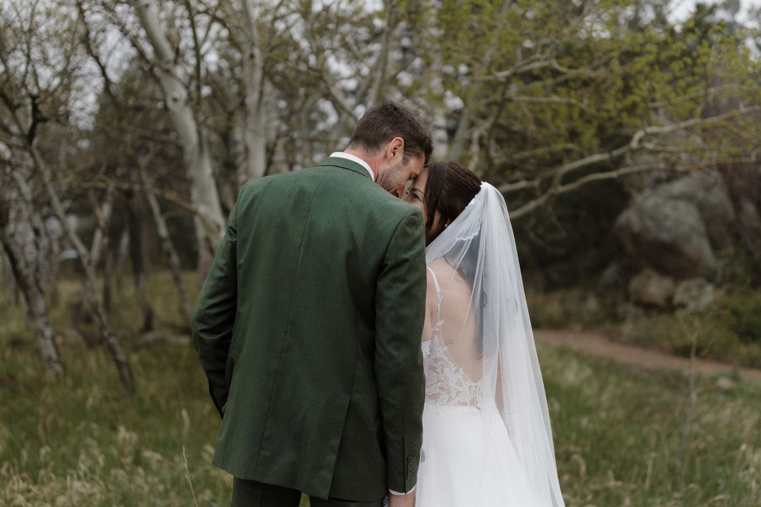 A couple in wedding attire stands together in a scenic outdoor setting with autumn foliage in the background.