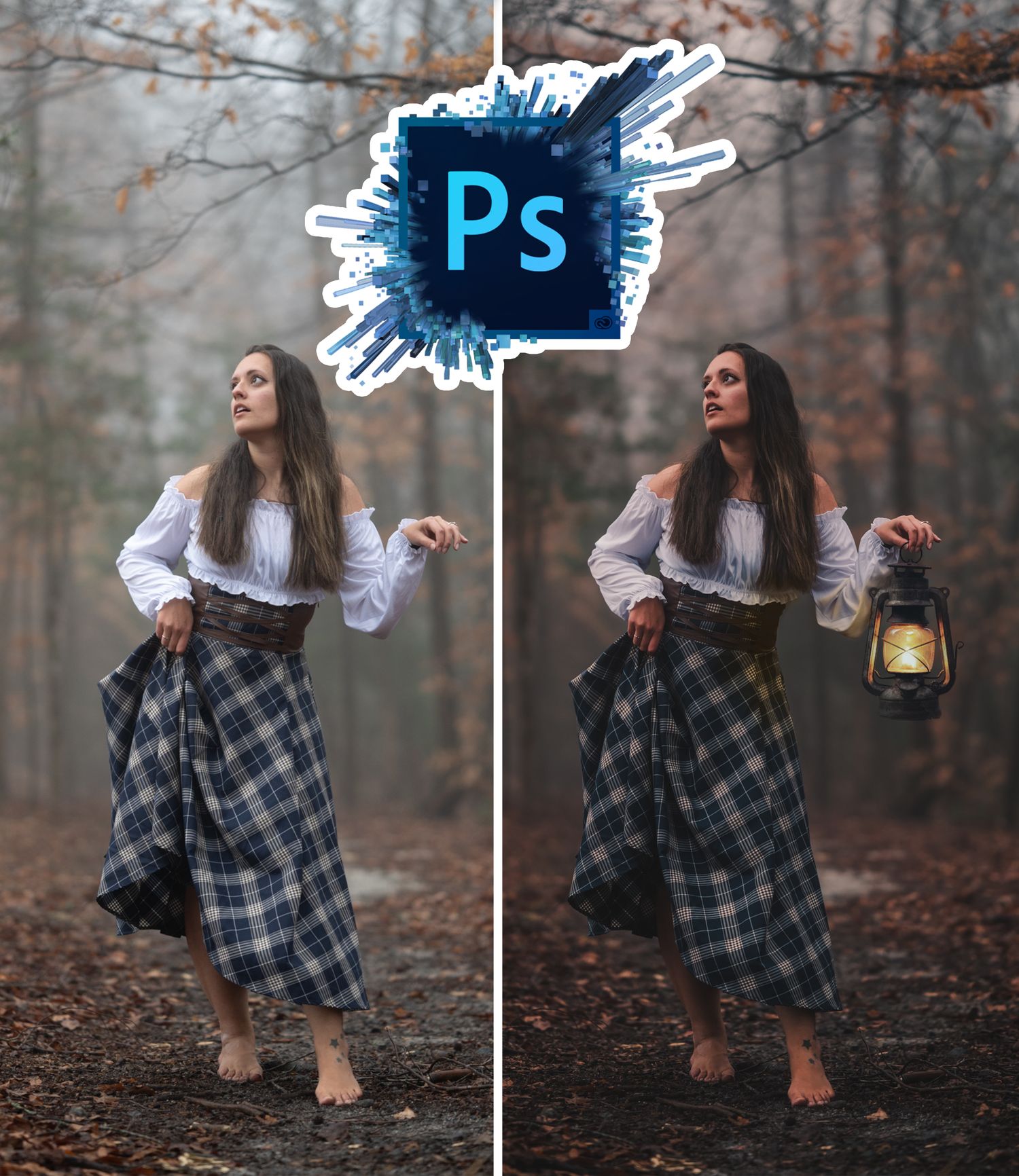 Before and after Photoshop edit showing lantern prop added to forest fashion photograph.