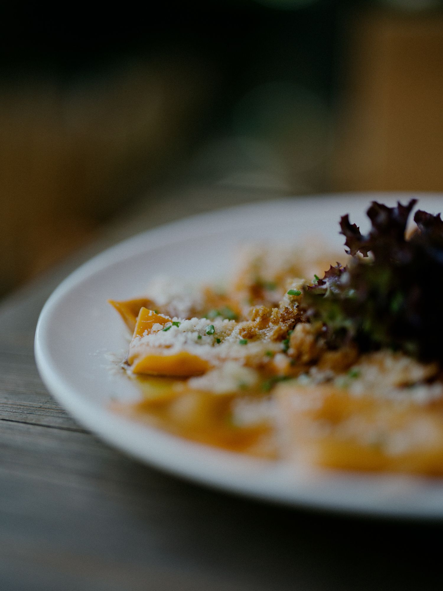 Close-up macro shot of a white plate with blurred edges showing garnished food presentation.