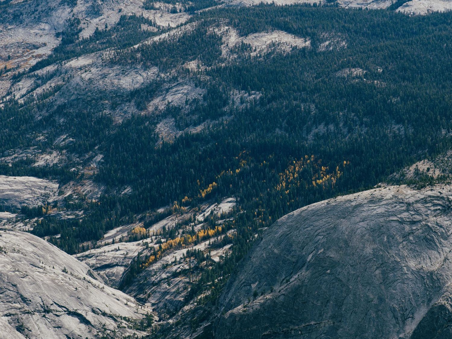 A dramatic aerial panorama shows a mountain landscape with rocky peaks, snowy patches, and forested slopes stretching to the horizon.