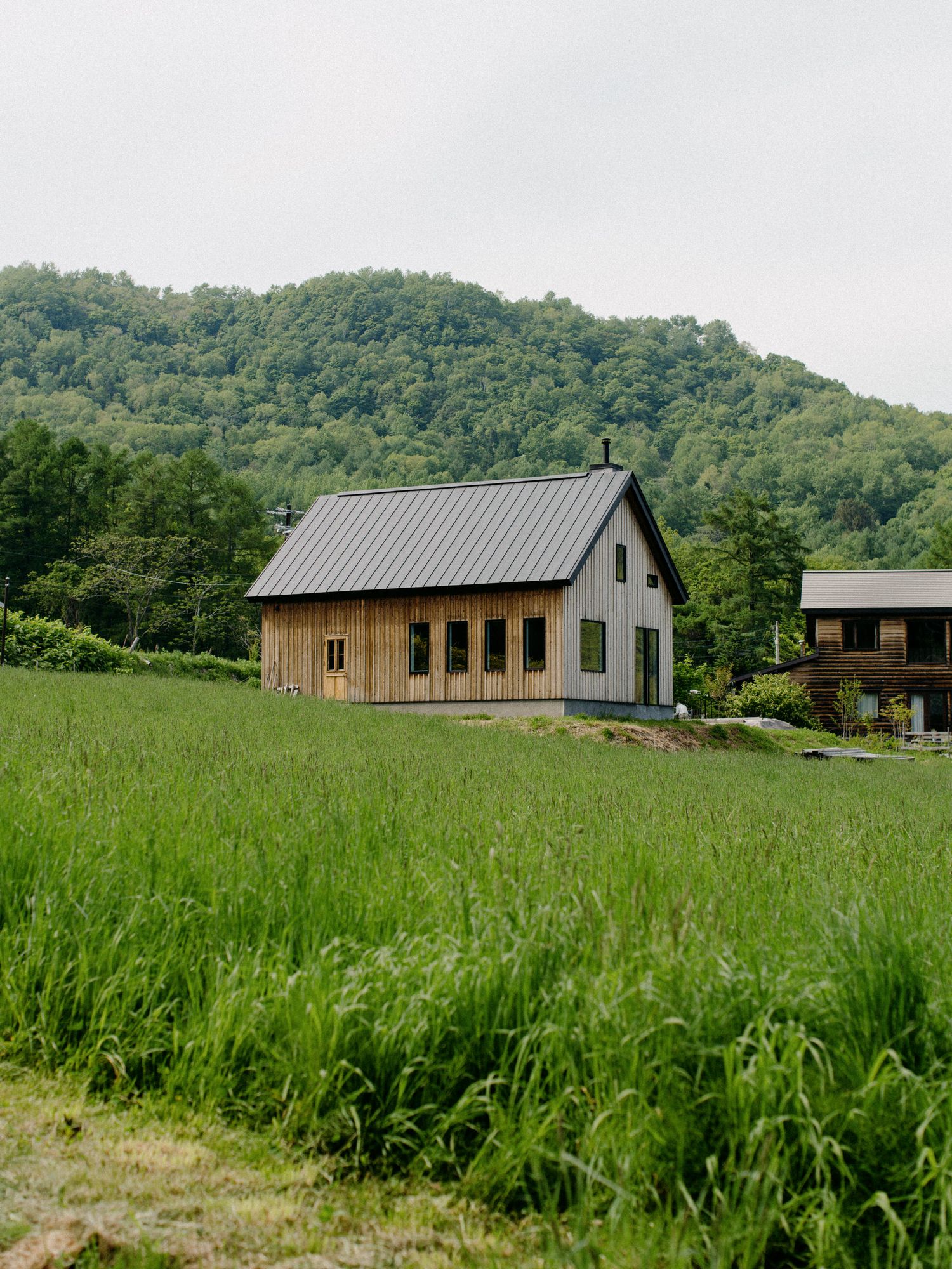Modern farmhouse with metal roof nestled in green rolling hills and tall grass.
