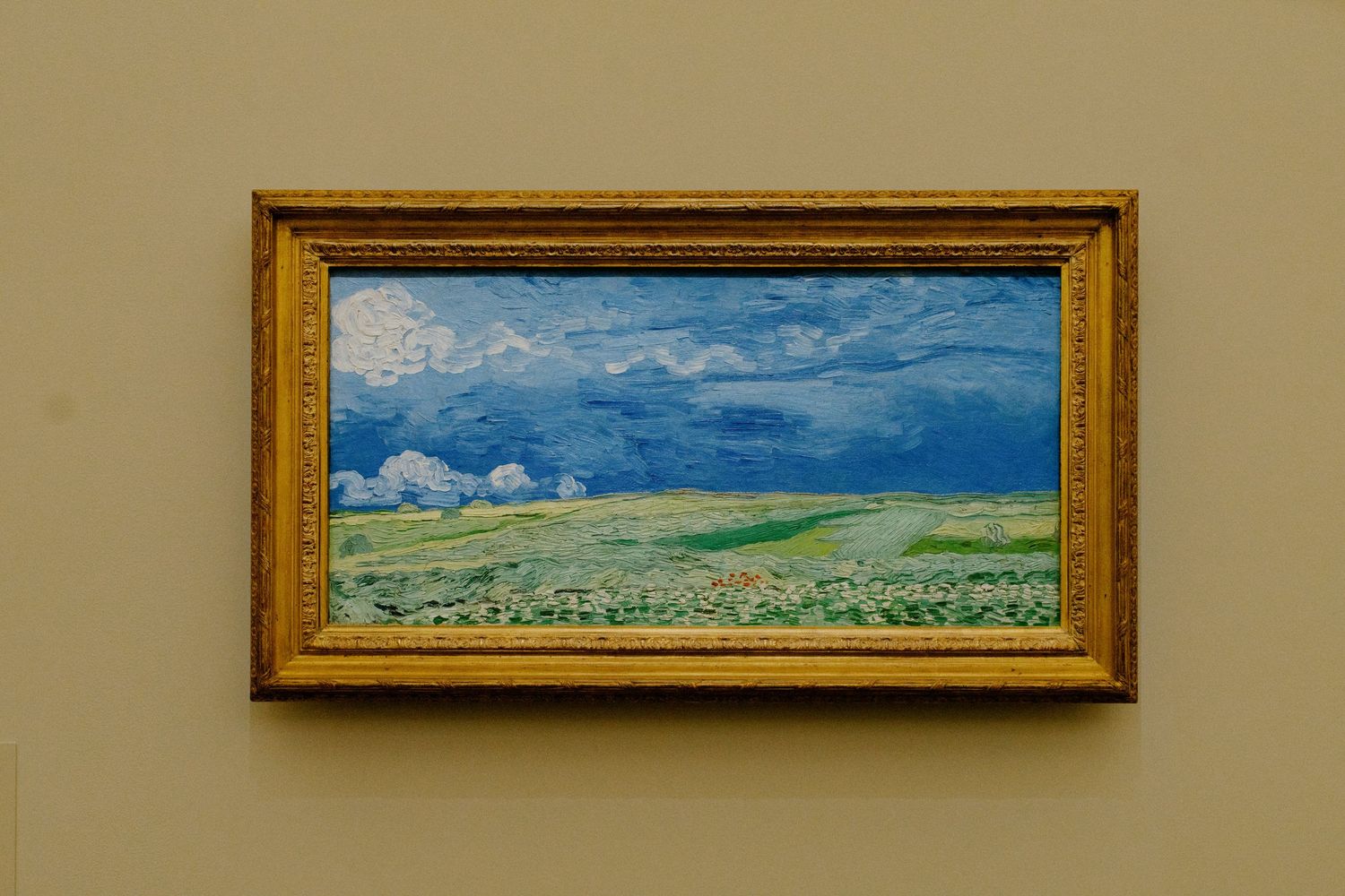 A gallery wall displays multiple framed landscape paintings in golden frames against a beige background.