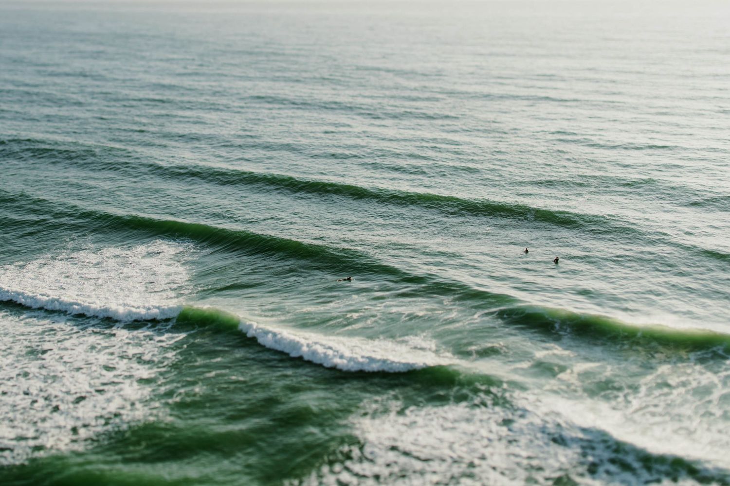 Aerial view of rolling ocean waves with small surfers dotting the emerald green waters off a coastal shoreline.