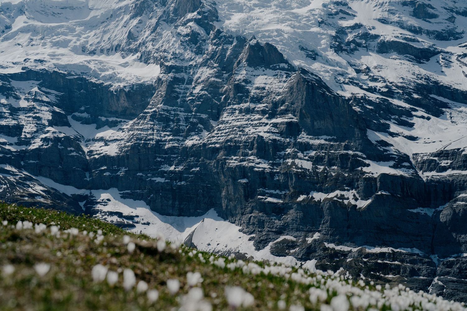 Snow-capped mountain peaks in the Swiss Alps with rugged cliffs and rocky terrain under a winter sky.