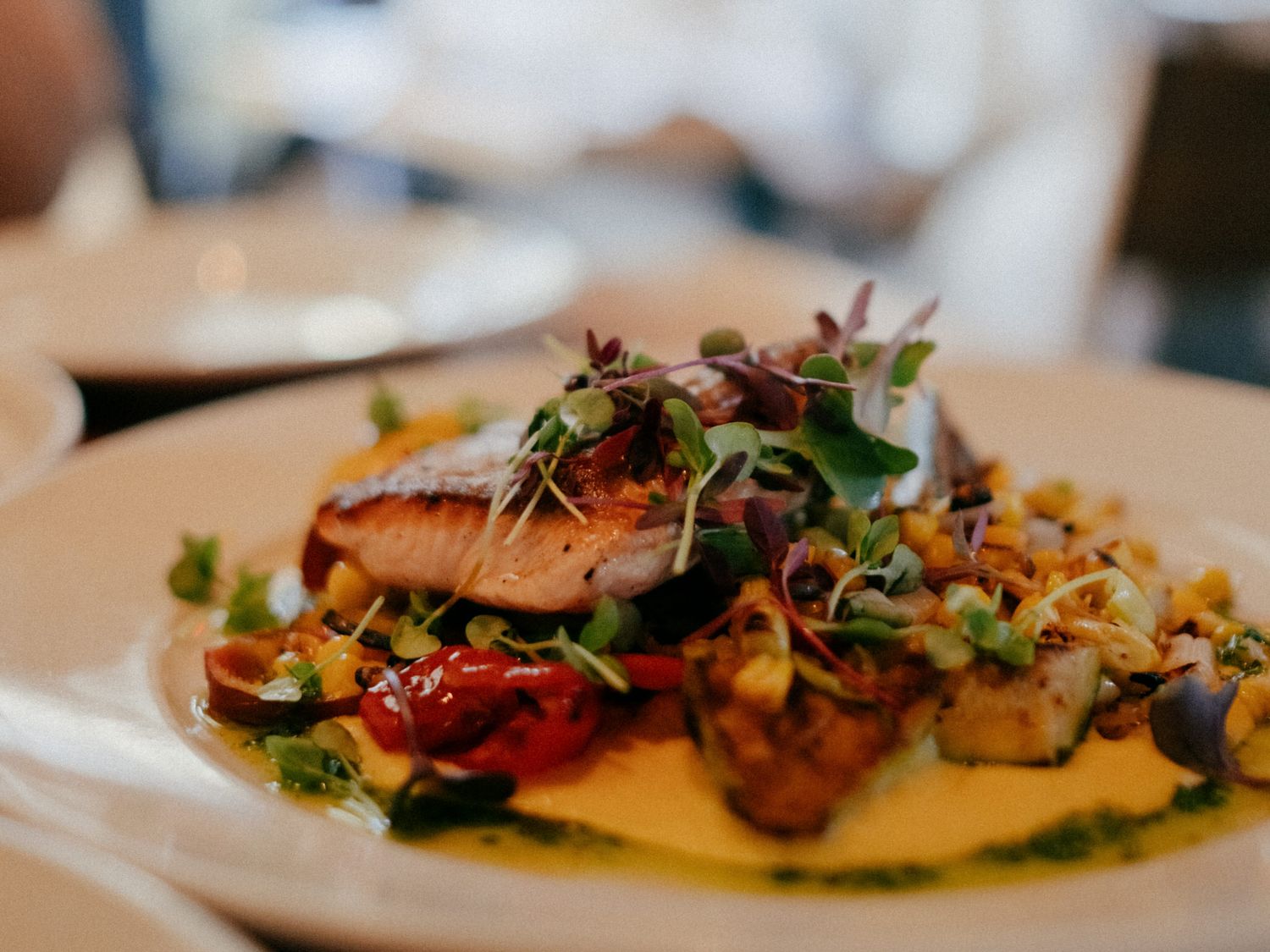 Gourmet seared salmon fillet served on creamy sauce with roasted vegetables and fresh microgreens on a white plate.