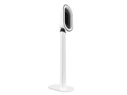 White modern smart mirror on a sleek pedestal stand with LED lighting and oval display screen.