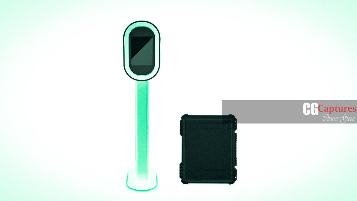 3D render of a glowing green kiosk stand with a tablet display next to a dark green protective case.