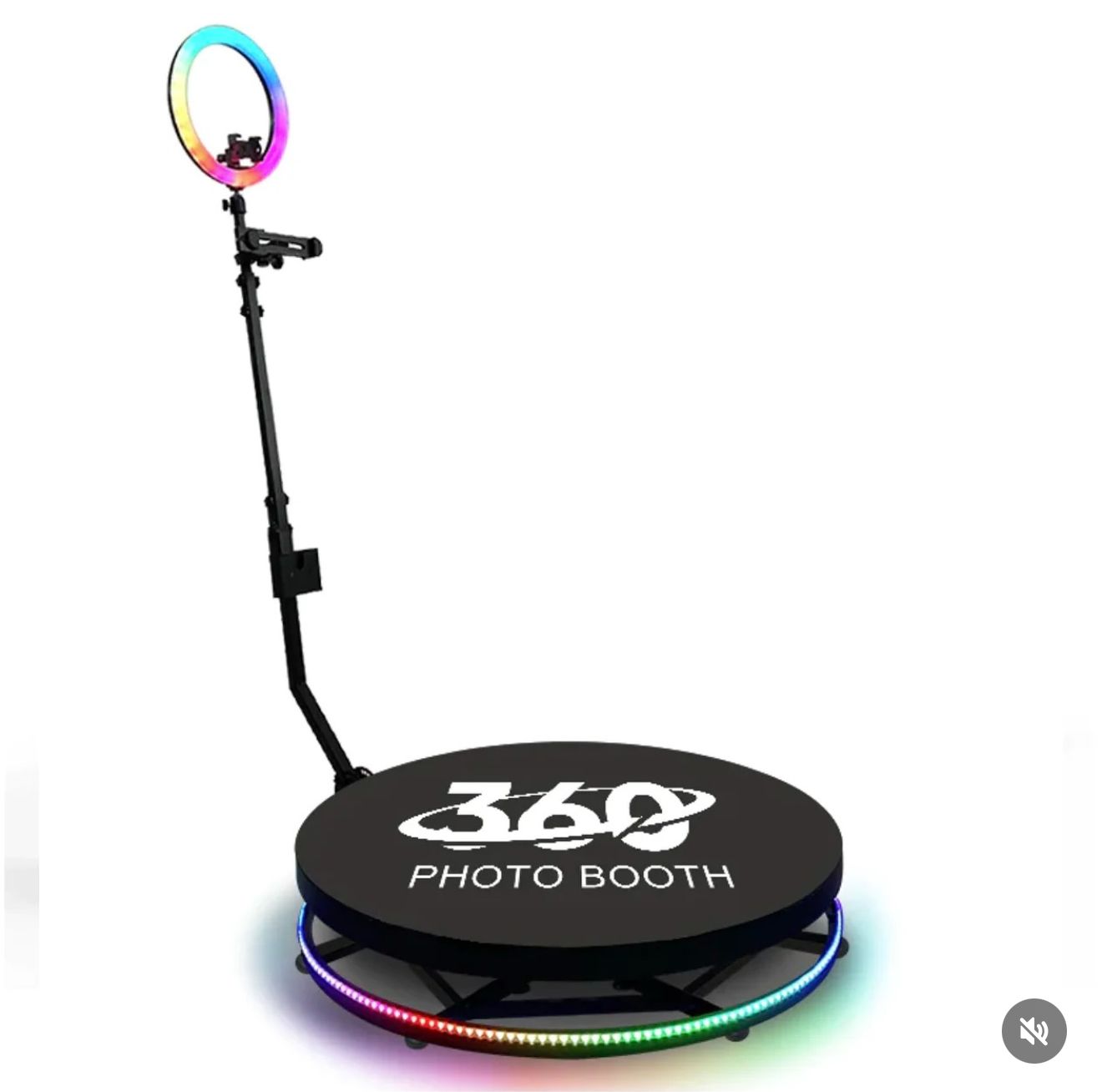 Black 360 photo booth platform with RGB LED lights and adjustable ring light camera arm for events.