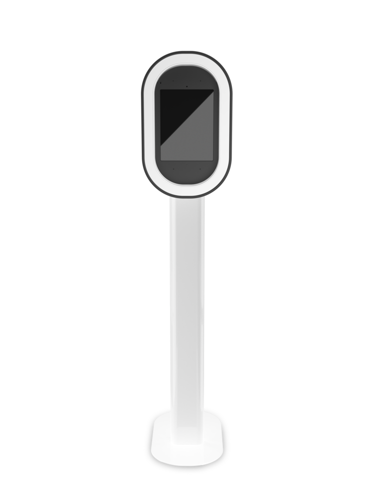 White modern photo booth kiosk with oval screen and ring light on slim pedestal stand, isolated on white background.