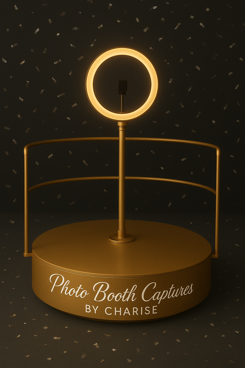 Gold photo booth with ring light and confetti background, branded Photo Booth Captures by Charise.