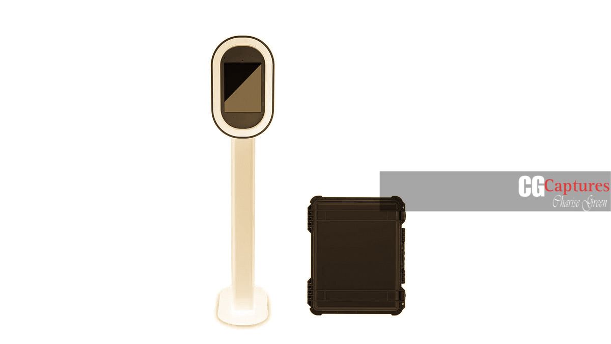 3D render of a vintage airport kiosk stand and brown luggage suitcase on white background.