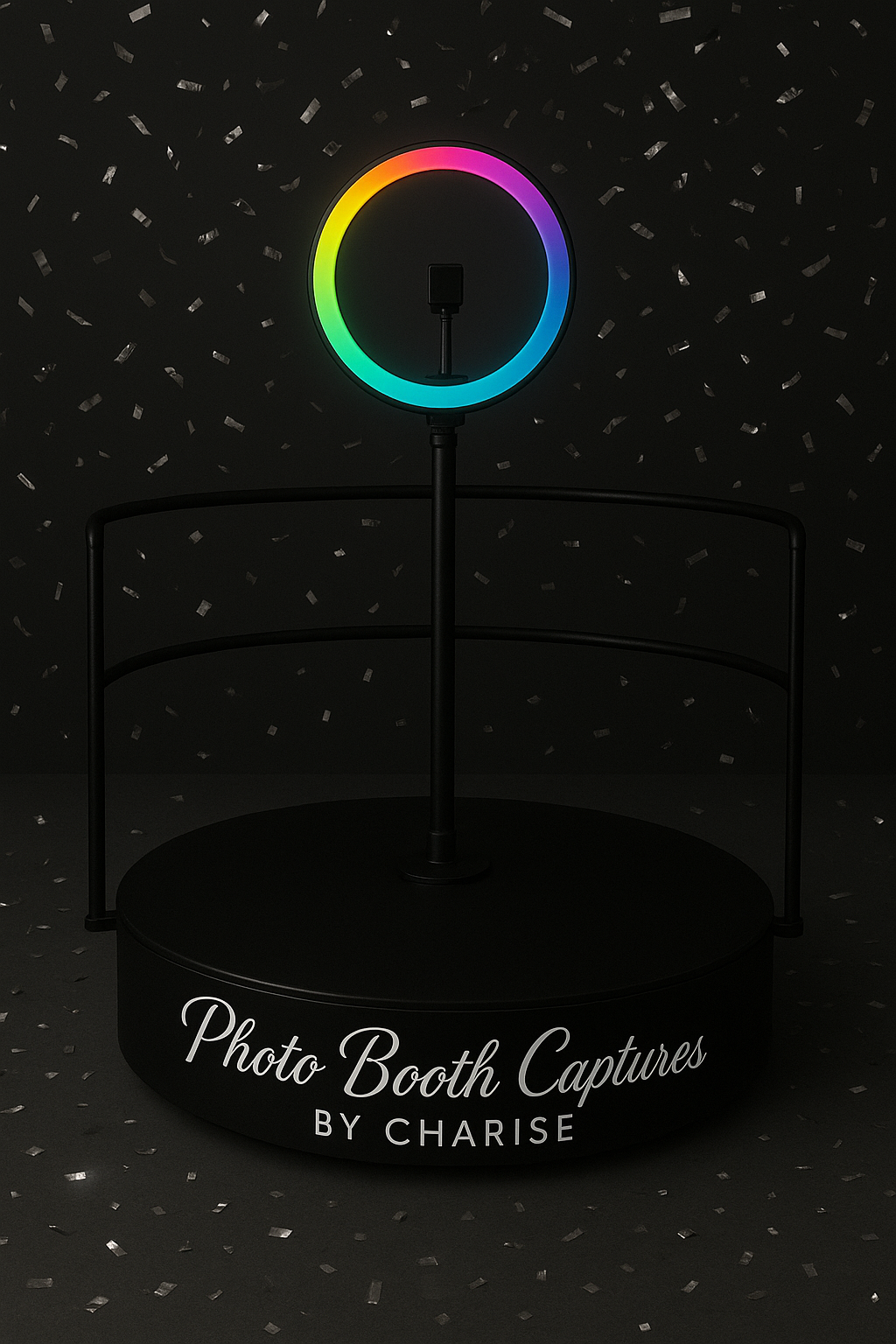 360 photo booth with RGB ring light by Photo Booth Captures by Charise, set against a dark background with confetti.