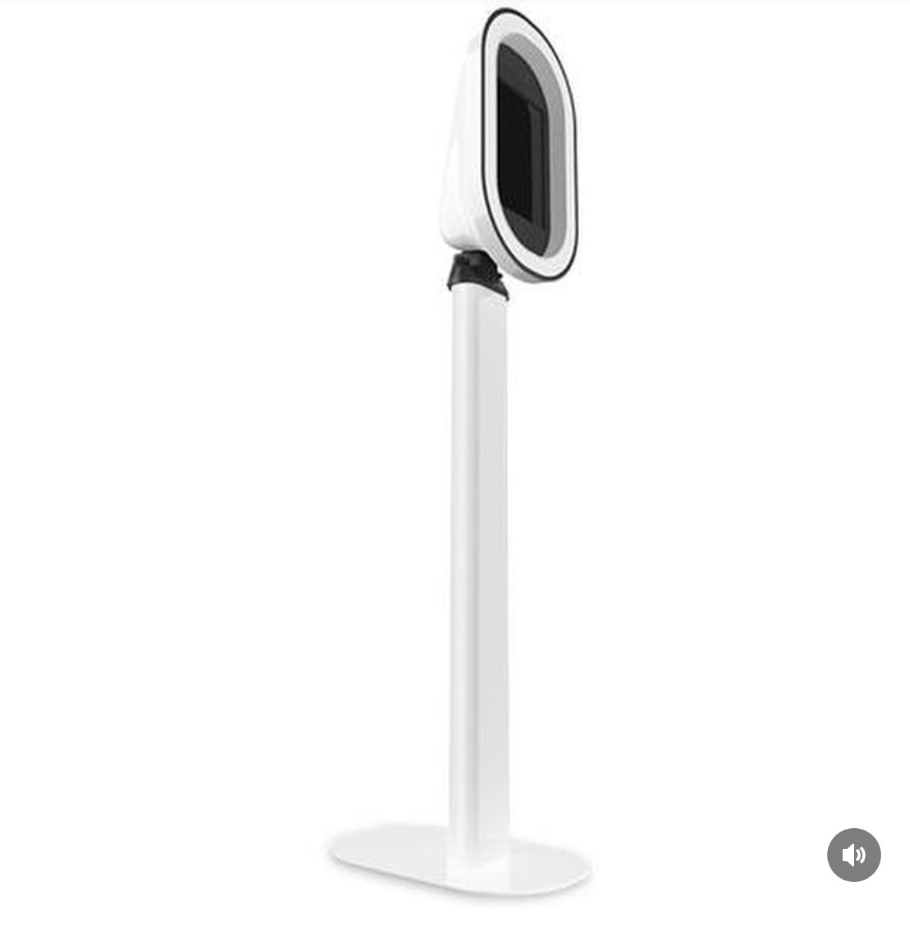 White modern photo booth kiosk on tall stand with sleek black screen and LED ring light, isolated on white background.
