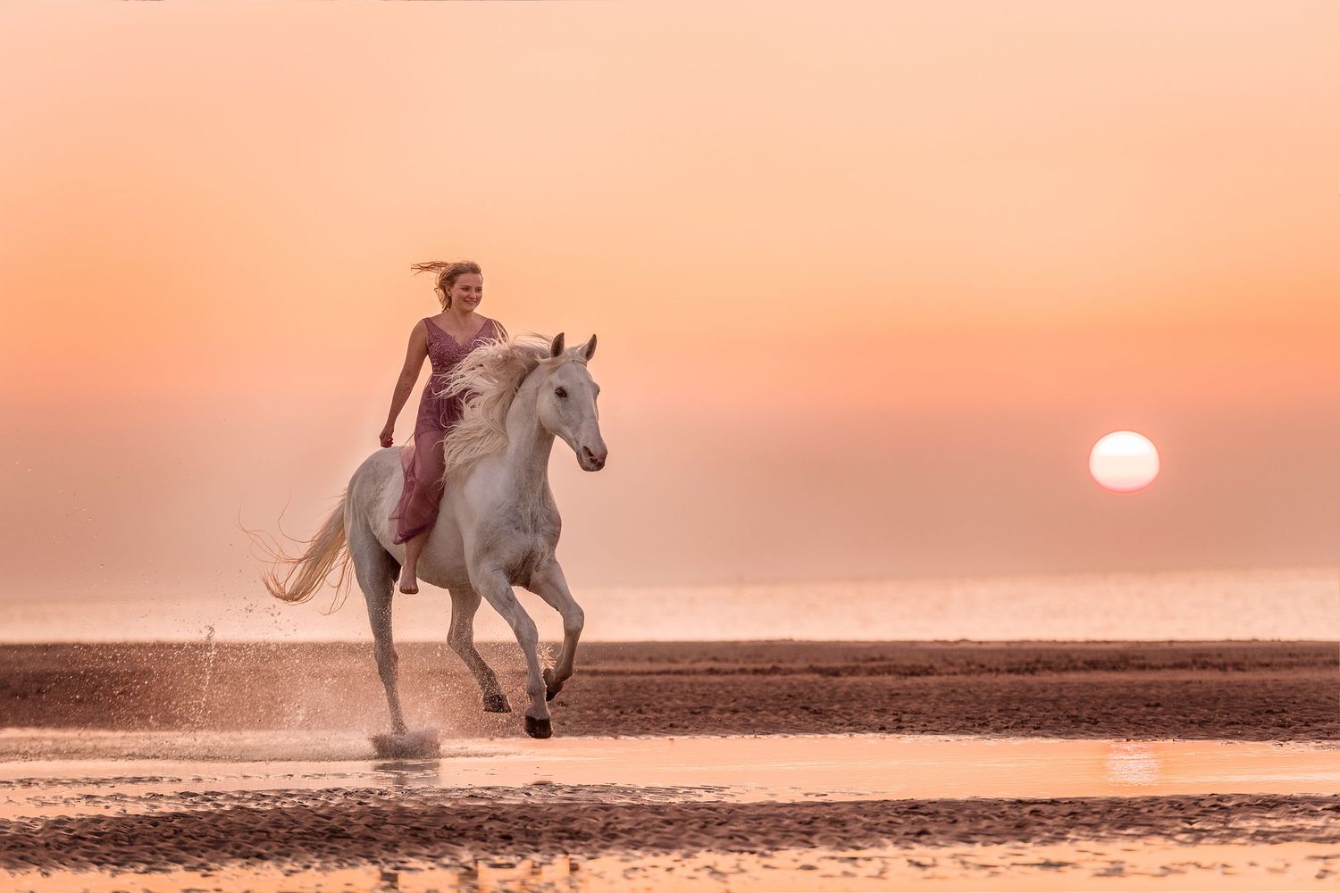 Frau im rosa Kleid reitet bei Sonnenuntergang auf einem weißen Pferd am Strand, vor der Kulisse eines goldenen Himmels und des Ozeans.