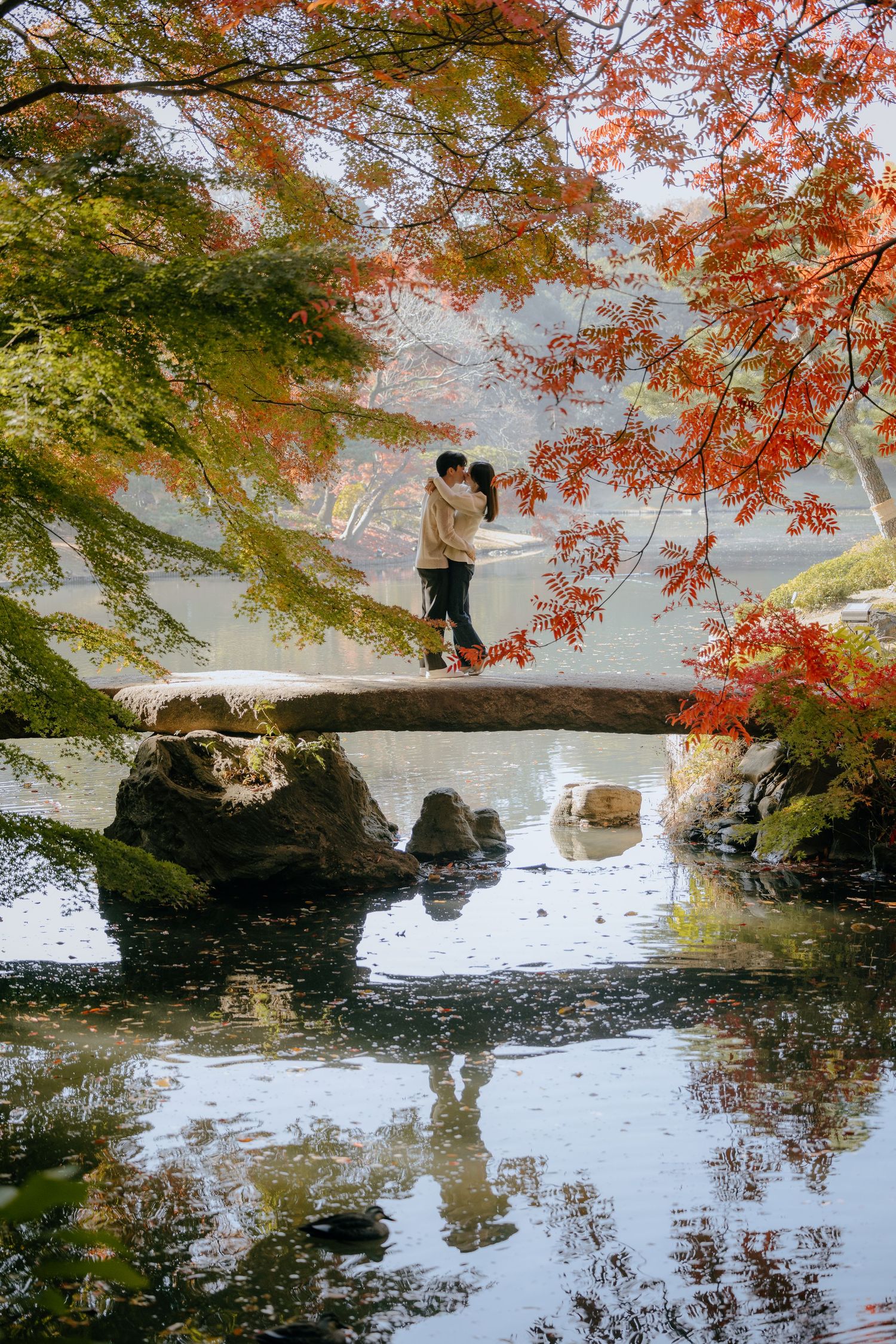 Couple embracing on a stone bridge surrounded by vibrant autumn foliage reflected in a tranquil Japanese garden pond.