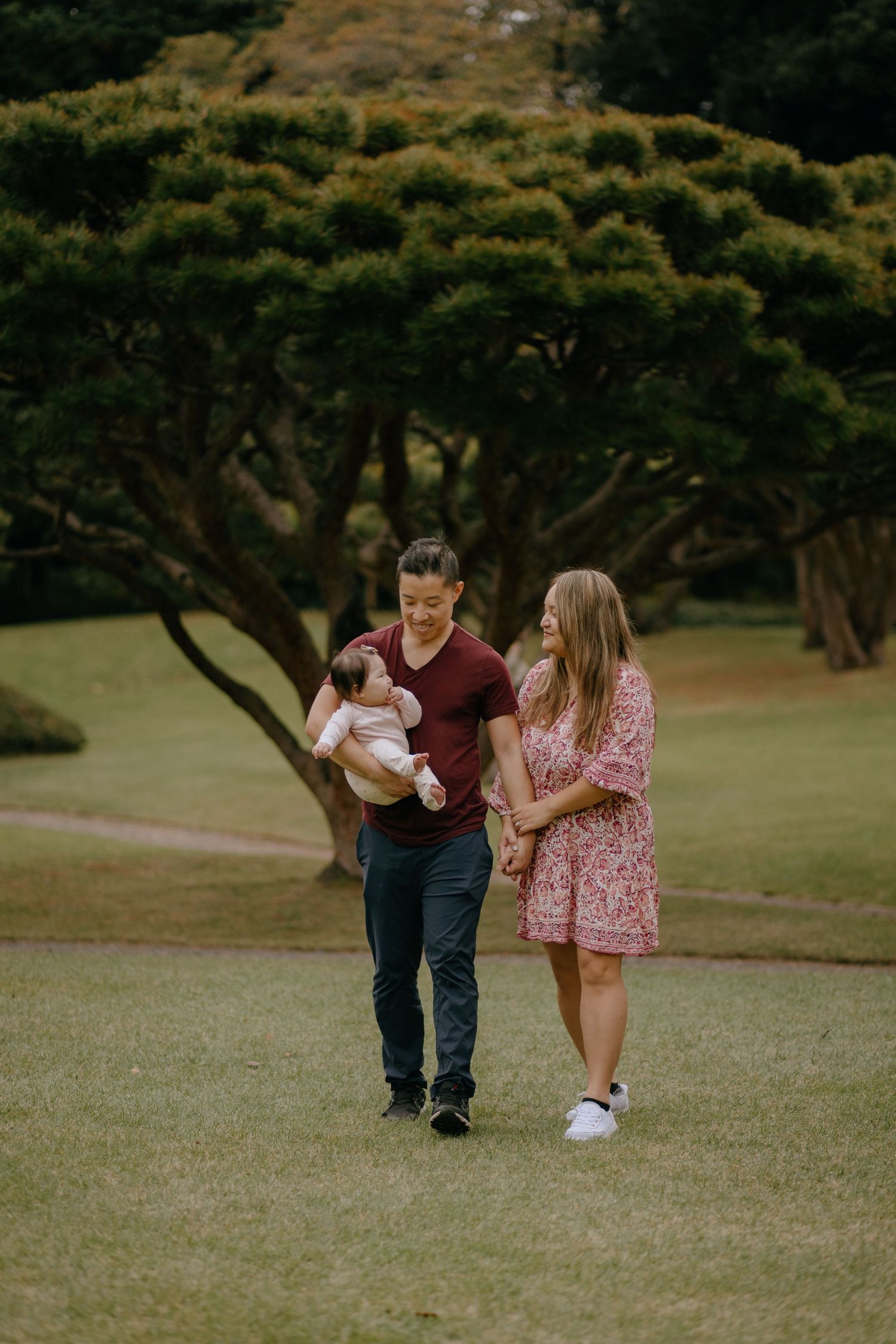 A family walks together on grassy lawn with large trees in background during golden hour.