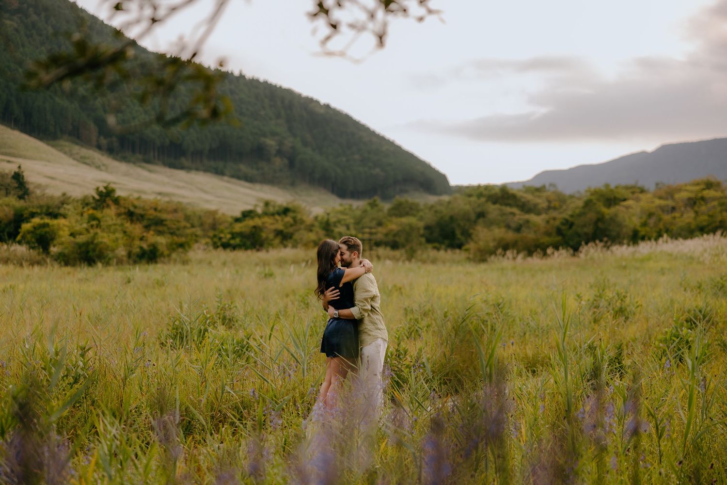 A couple embraces in a scenic mountain meadow with tall grass and rolling hills in the background of Hakone Botanical Gardens