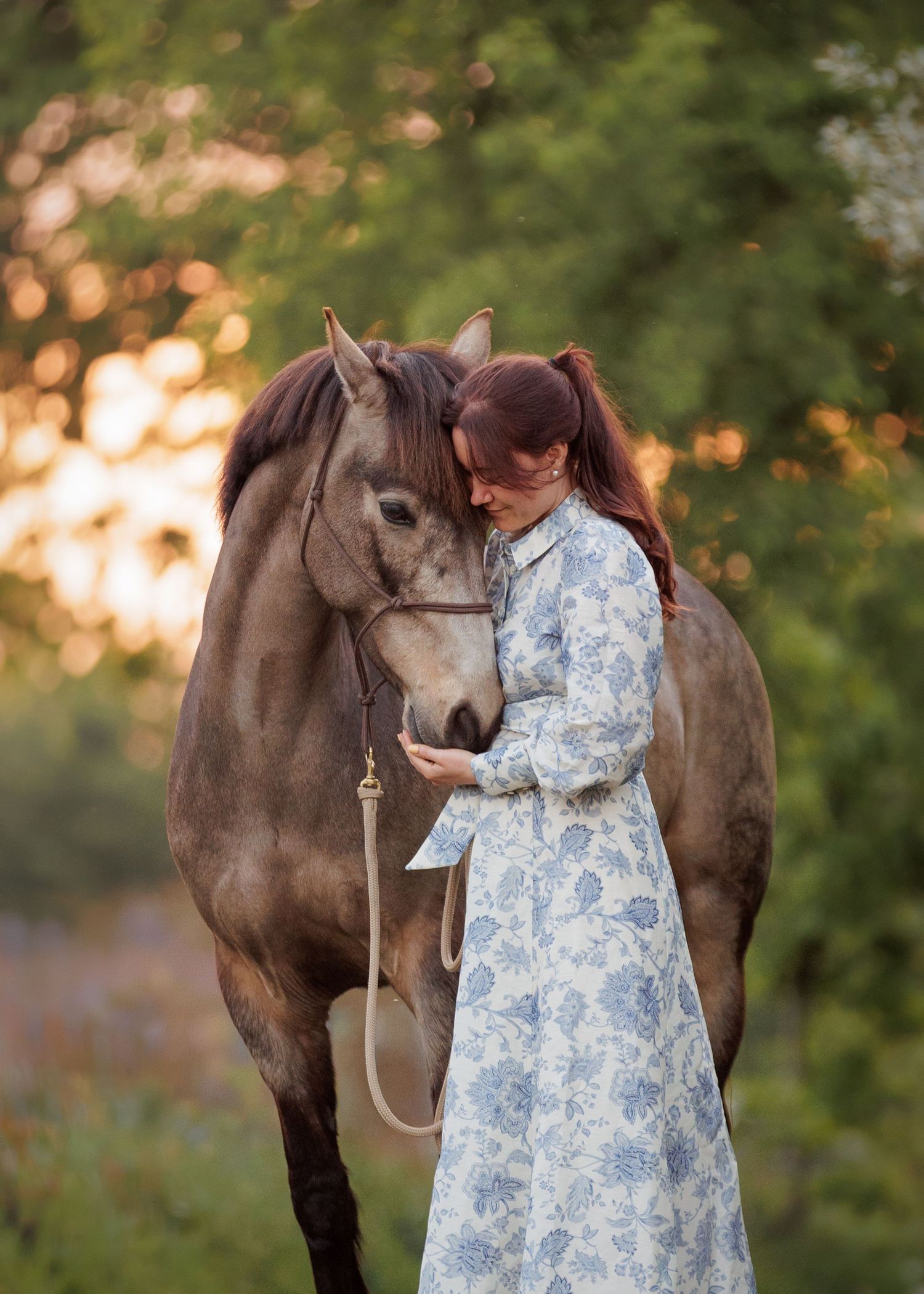Paard en eigenaar in het warme licht van de zonsondergang