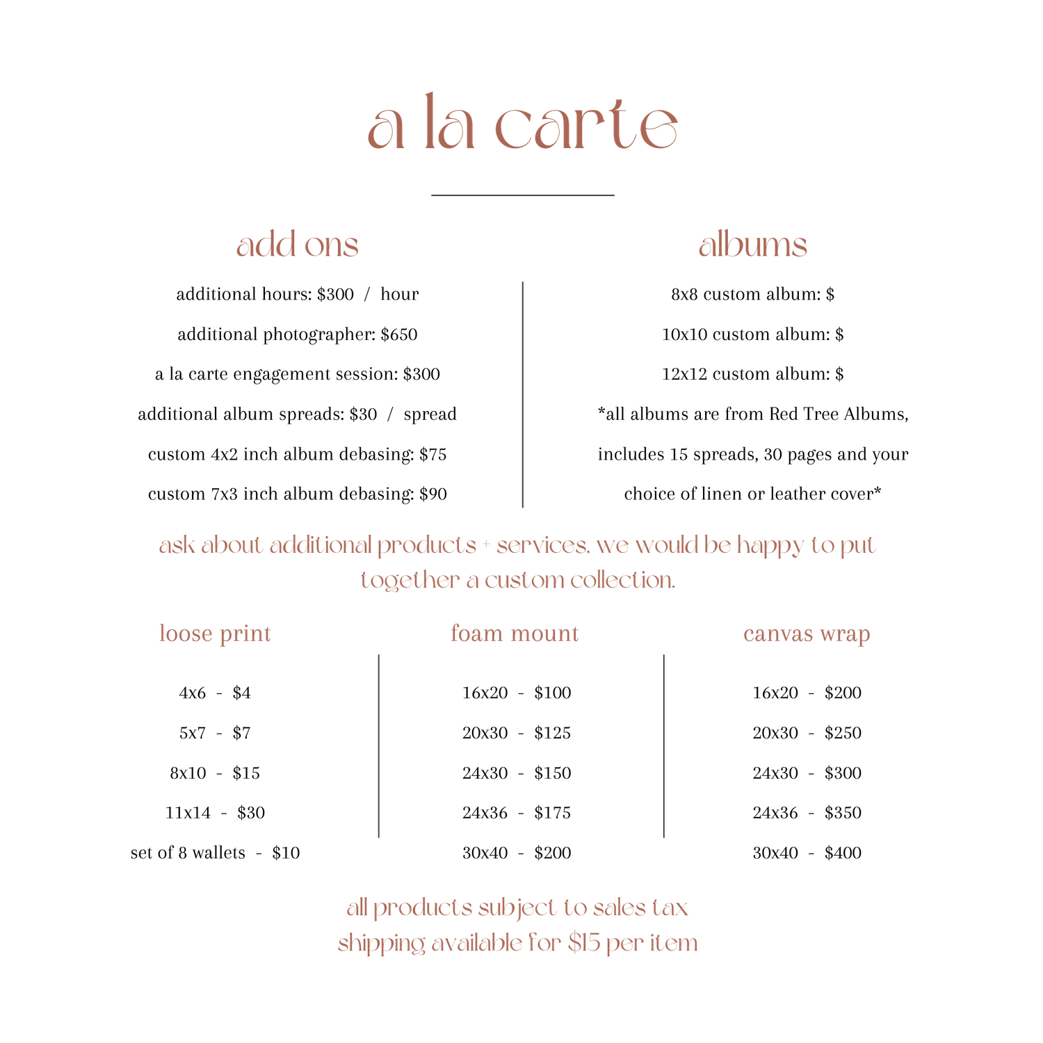 Menu template layout showing a la carte sections with red text on black background.