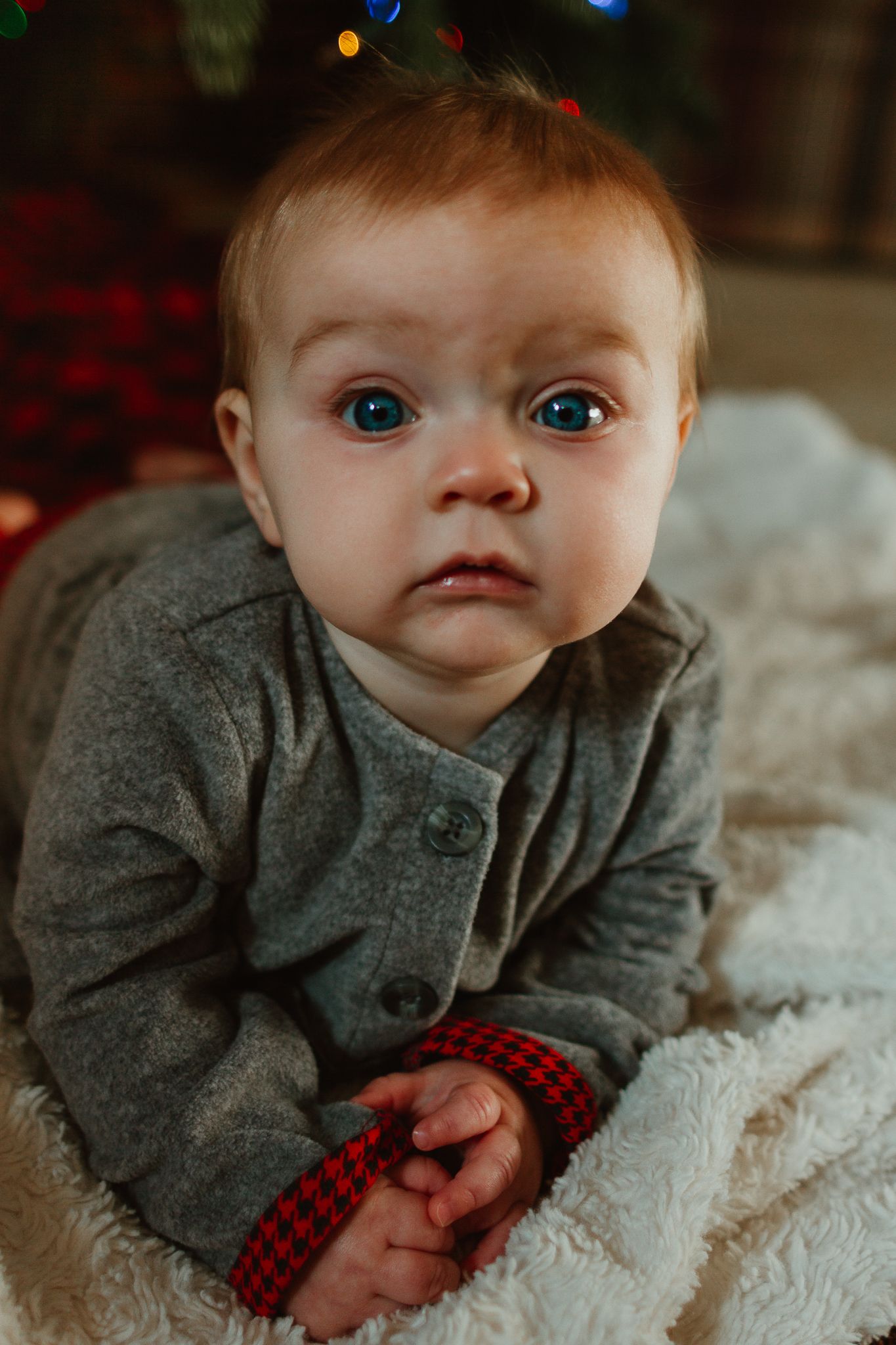 Baby in grey cardigan sweater with wide eyes during Christmas.