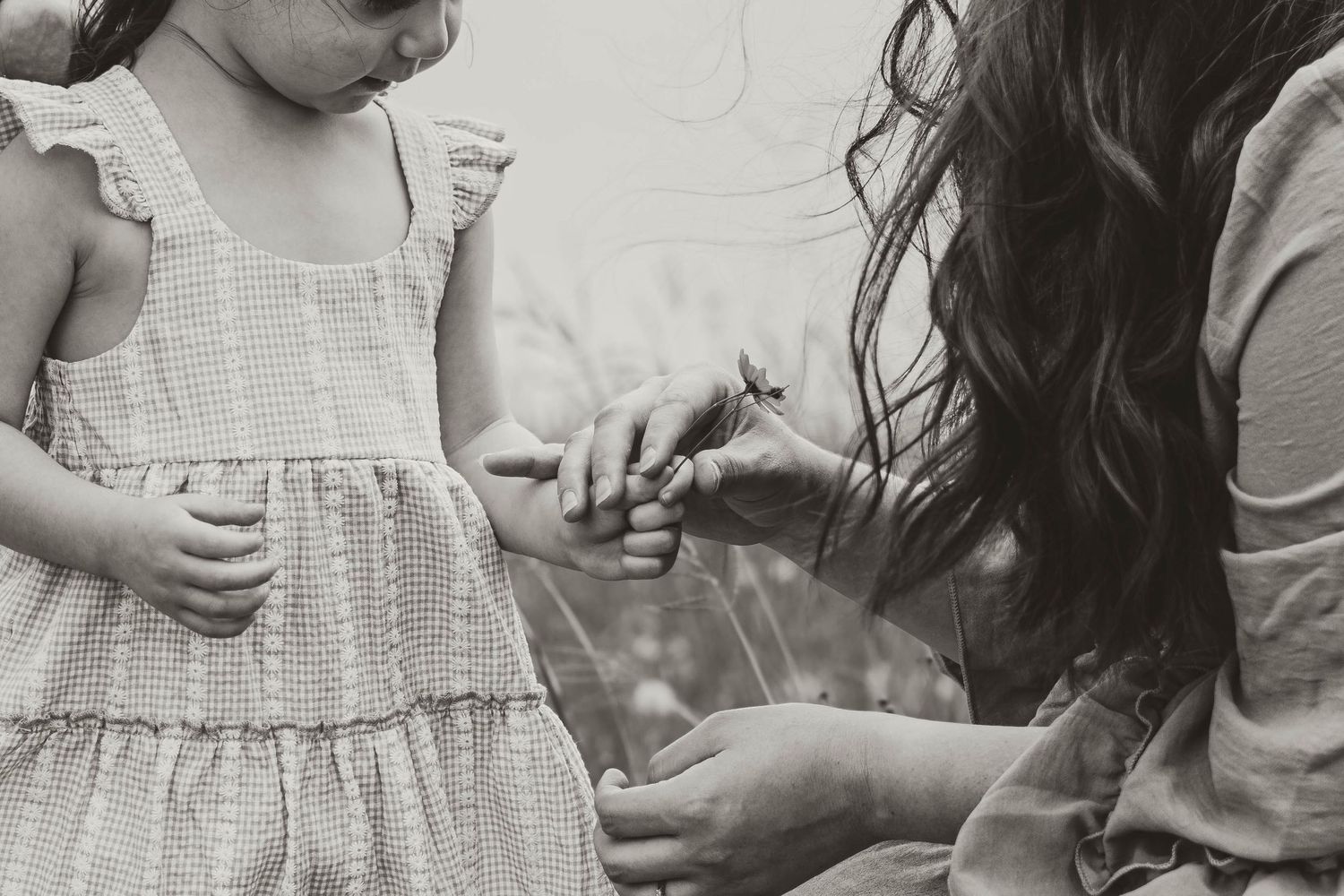 A black and white photo shows hands entwined while examining a small wildflower or plant in nature.