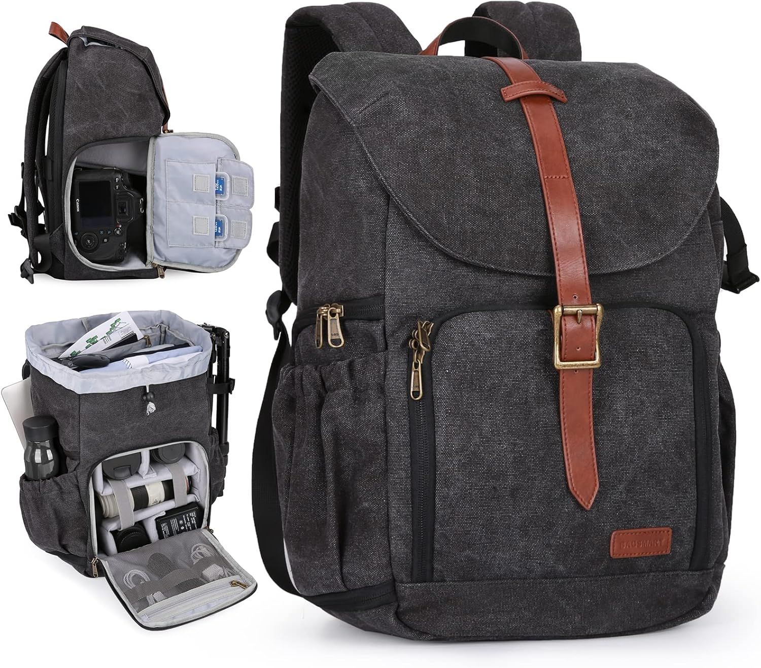 Canvas camera backpack with leather strap featuring padded compartments and side access in charcoal gray color.
