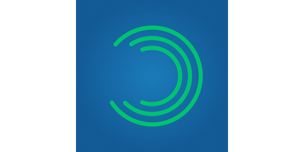 A stylized green circular logo design with three curved concentric arcs on a blue background.