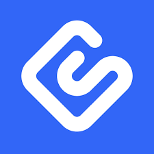 White abstract logo design of interlocking curves forming a square shape on bright blue background.