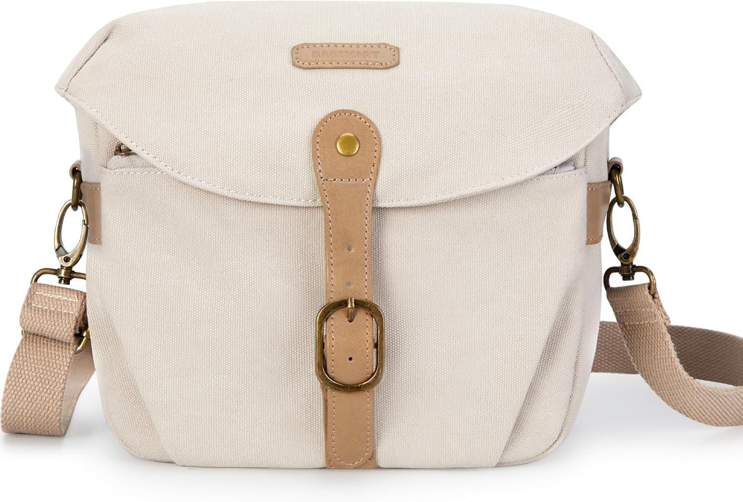 Stylish cream-colored canvas messenger bag with brown leather trim and adjustable shoulder strap.