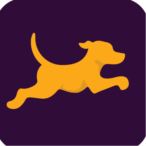 Orange dog silhouette animation sequence shows running motion across a dark purple background.