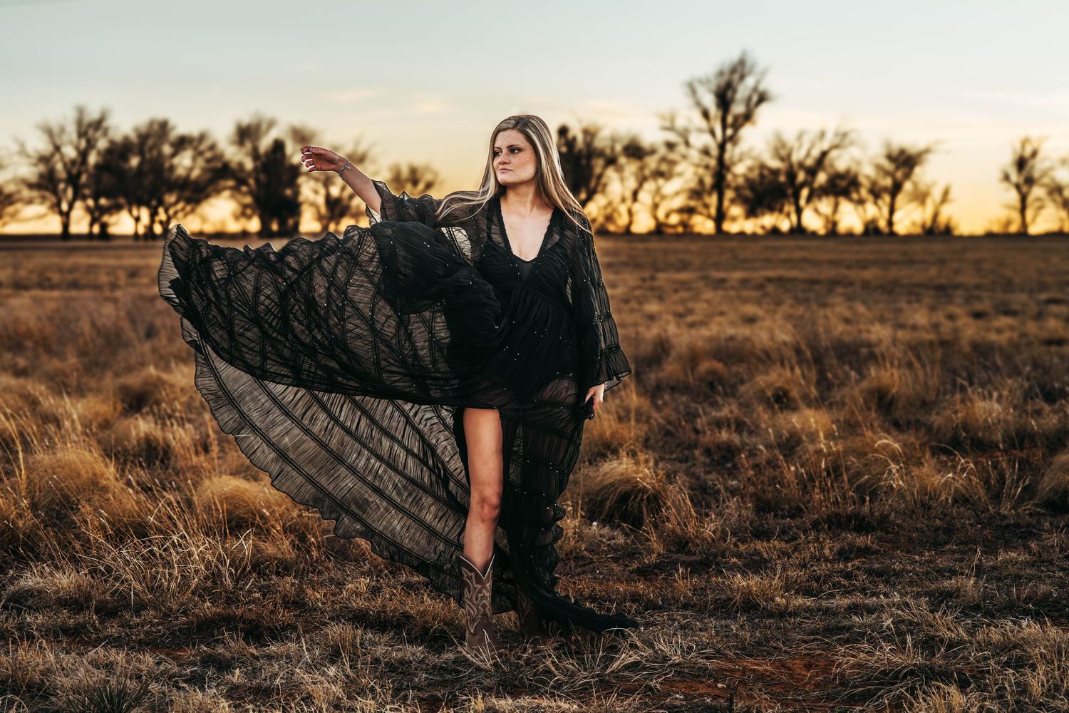 A black dress flows dramatically in the wind against a desert landscape at golden hour.