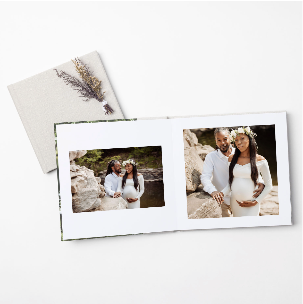 Wedding album layout with multiple romantic photos arranged in an artistic diagonal composition on white background.