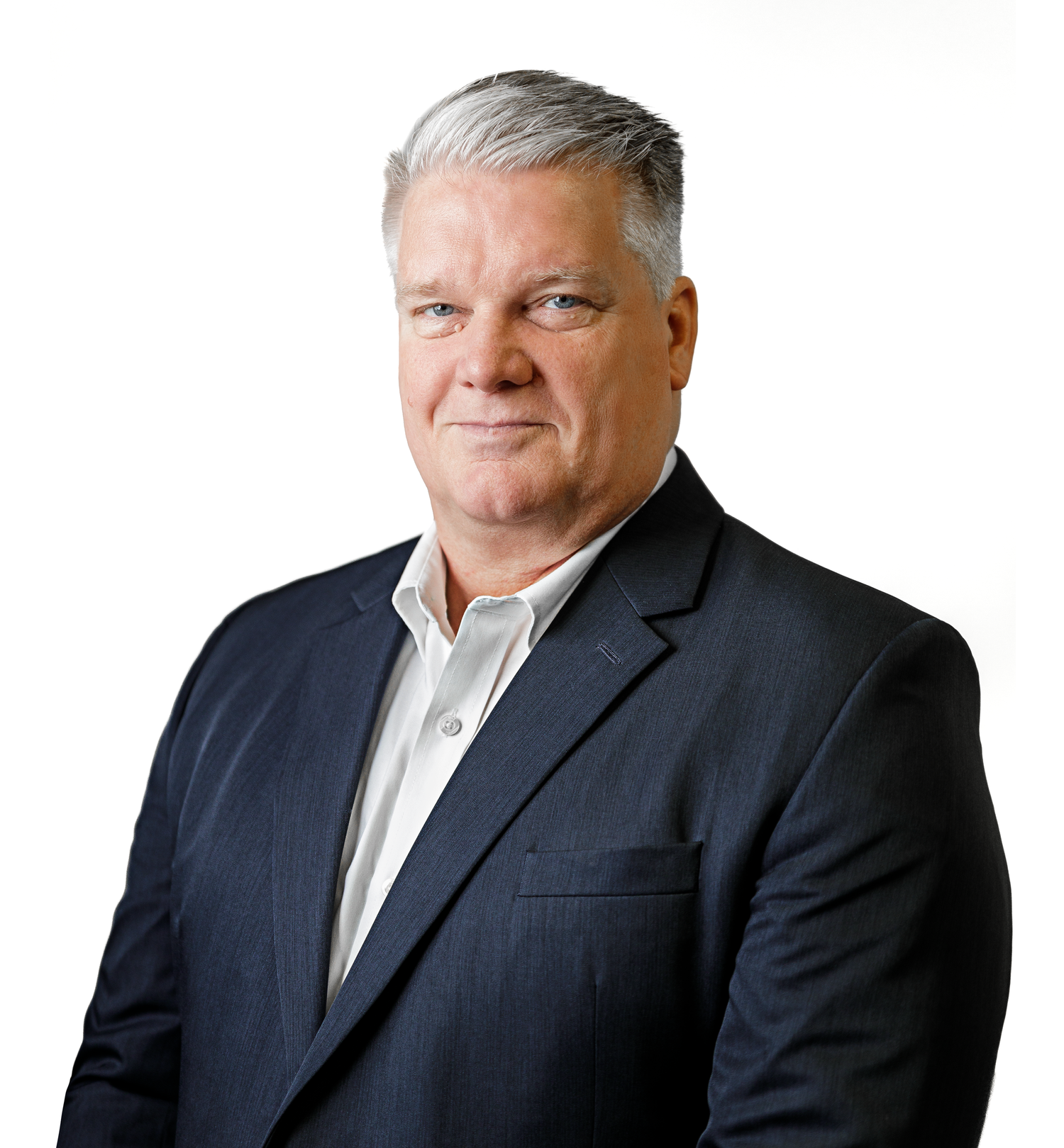 Professional headshot series against white background wearing navy suit.