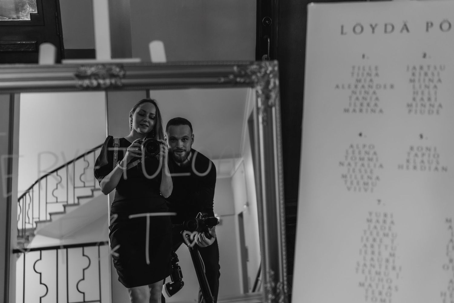 Wedding photographer and videographer team capturing a mirror selfie during wedding day reception
